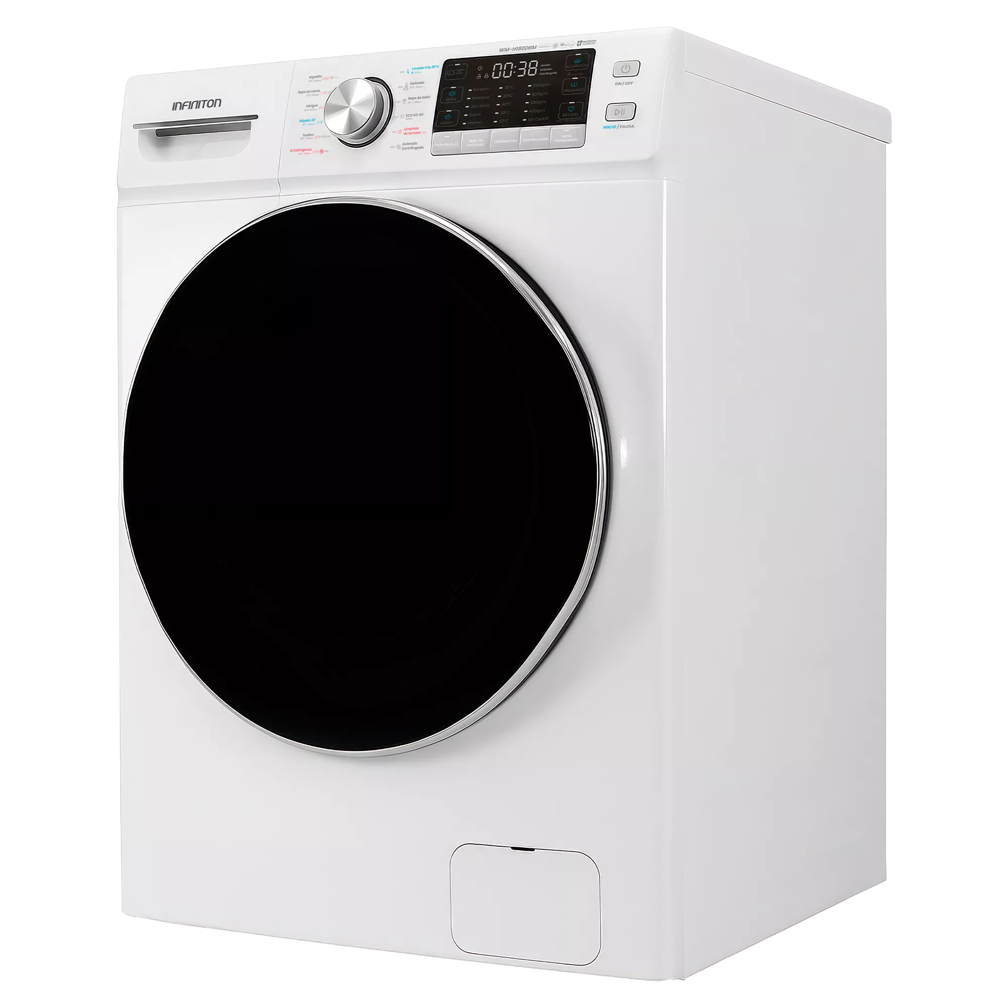 Lavadora blanca con puerta y panel de control negros. El nombre de la marca está a la izquierda.