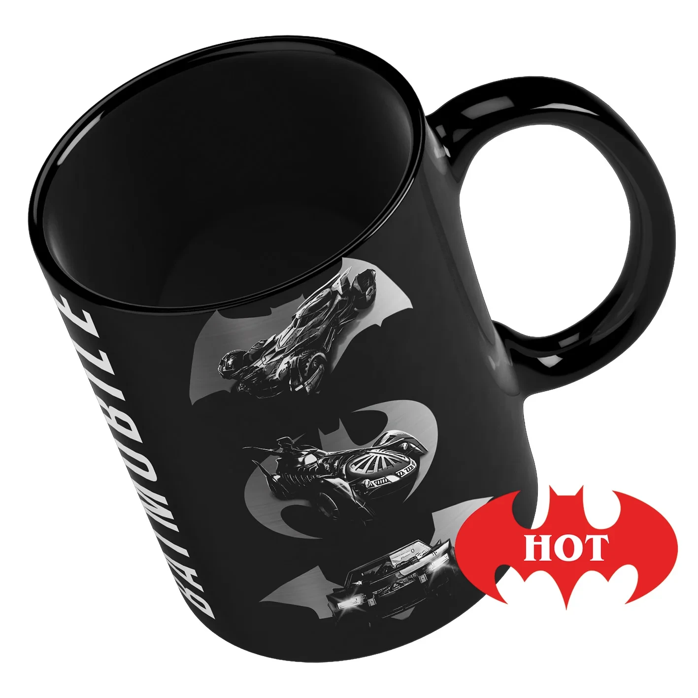 Taza negra con símbolos de Batman y Batmóviles. Símbolo rojo HOT.
