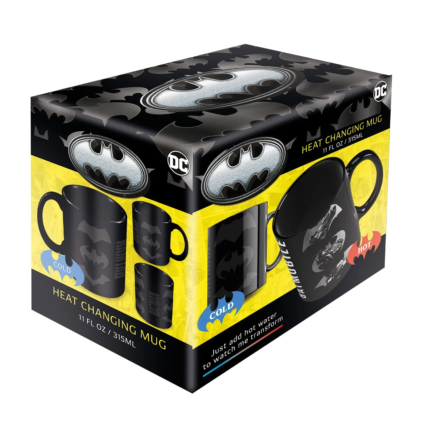 Taza de Batman que cambia de color con el calor en su caja.