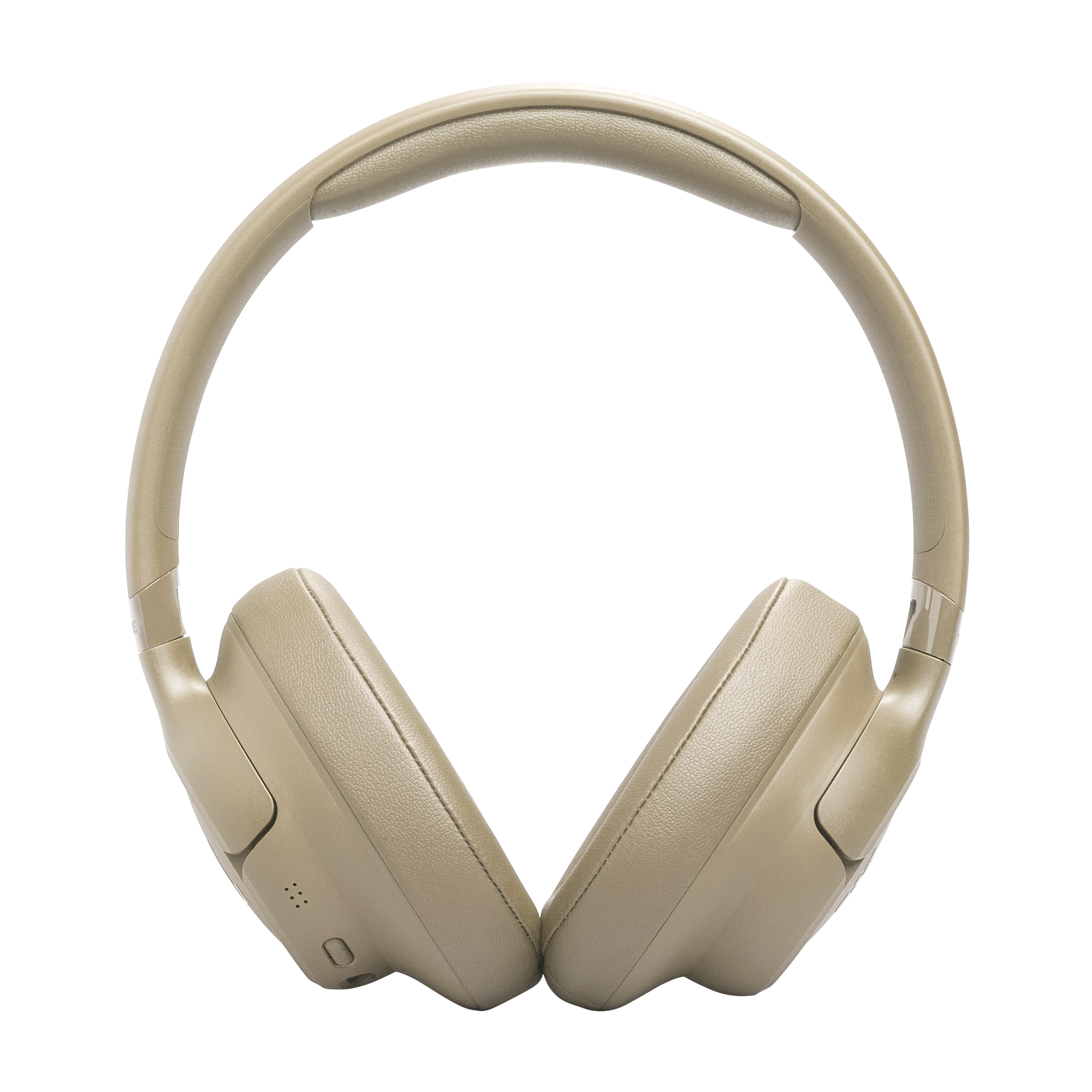 Auriculares beige con diadema y almohadillas sobre fondo negro.
