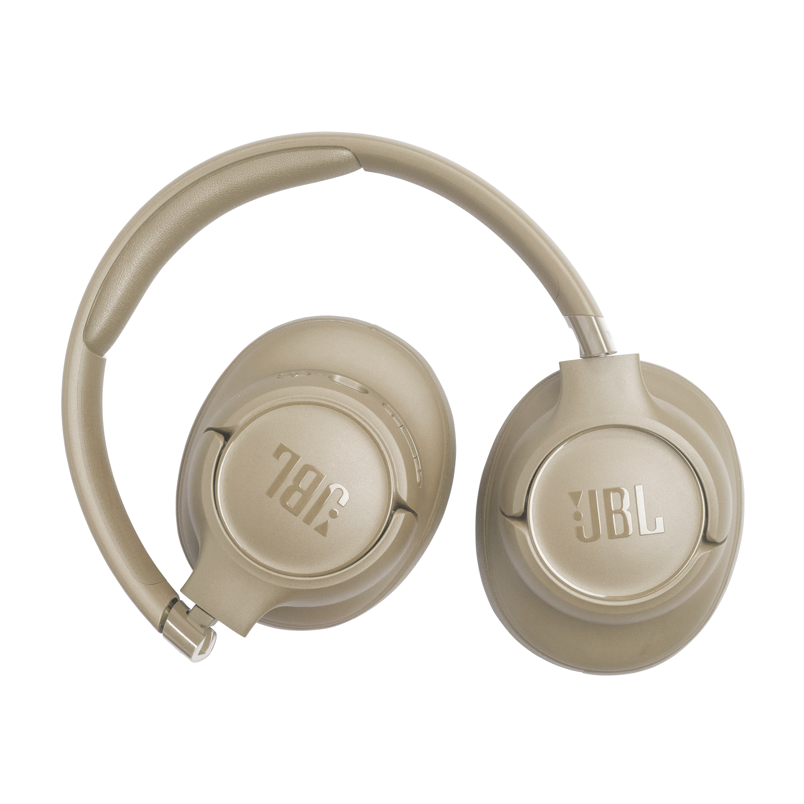 Auriculares JBL beige con diadema acolchada y copas redondas.