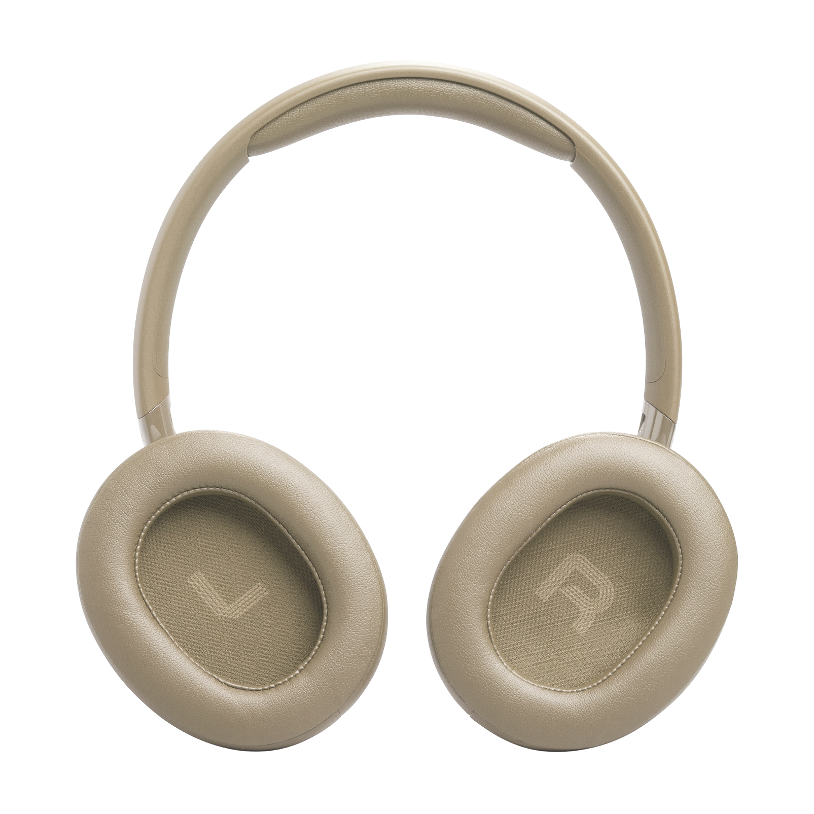 Auriculares beige de diadema con almohadillas acolchadas y banda para la cabeza.