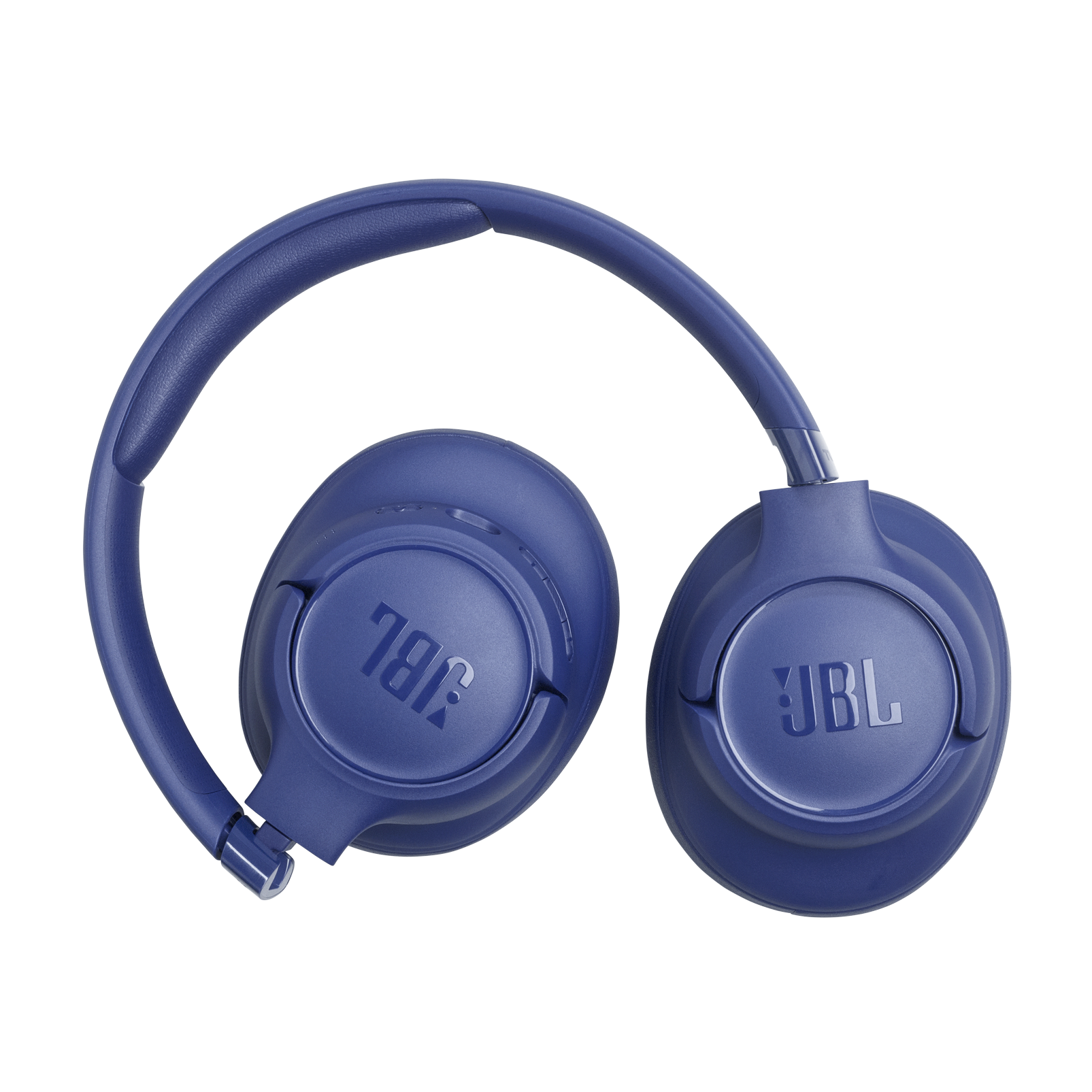 Auriculares JBL azules con diadema, sobre fondo negro.