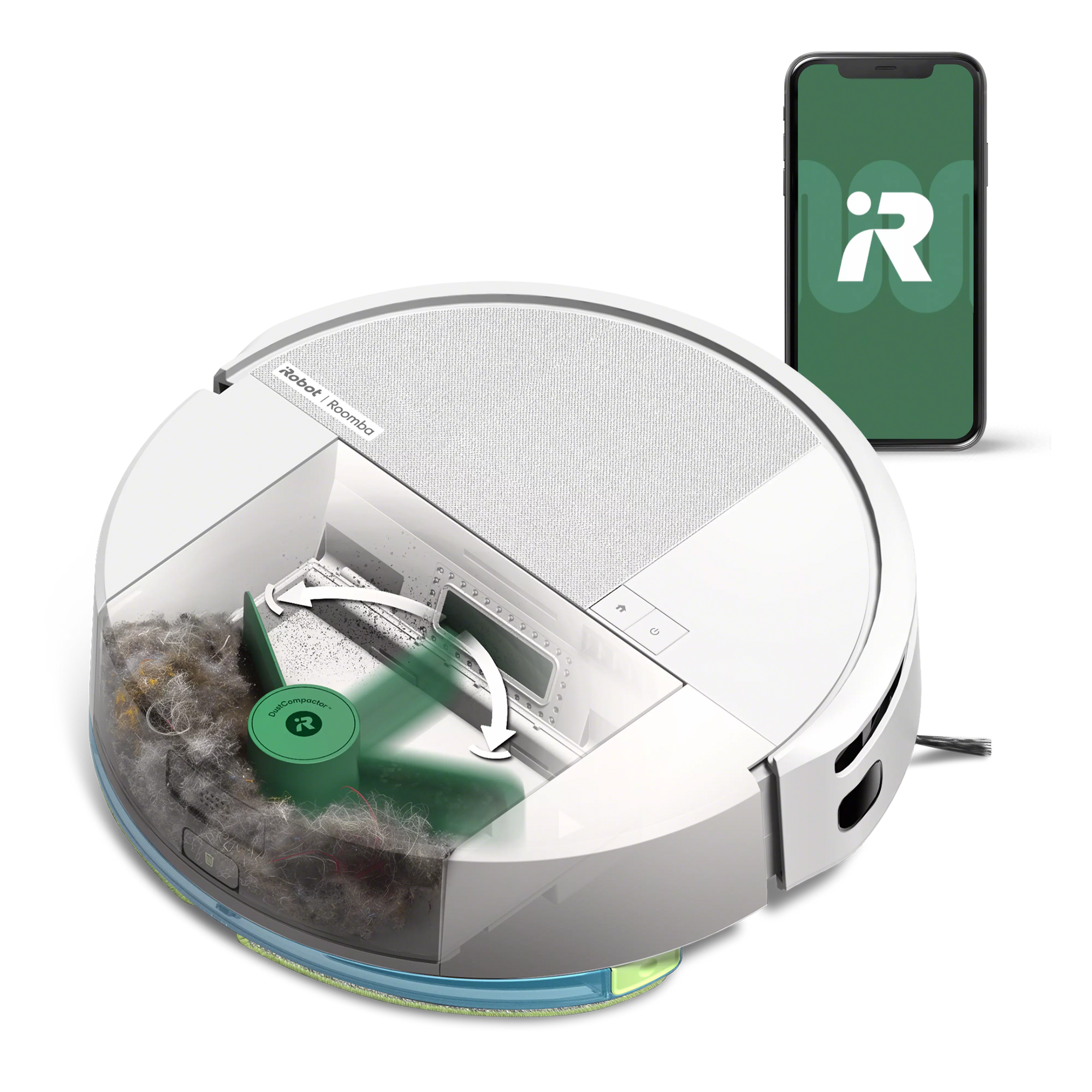 Un robot aspirador blanco con un depósito transparente lleno de polvo y un cepillo verde.