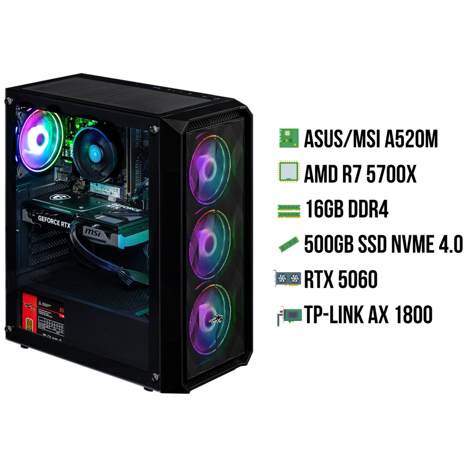 A gaming PC with RGB fans, RTX graphics card, and detailed components.