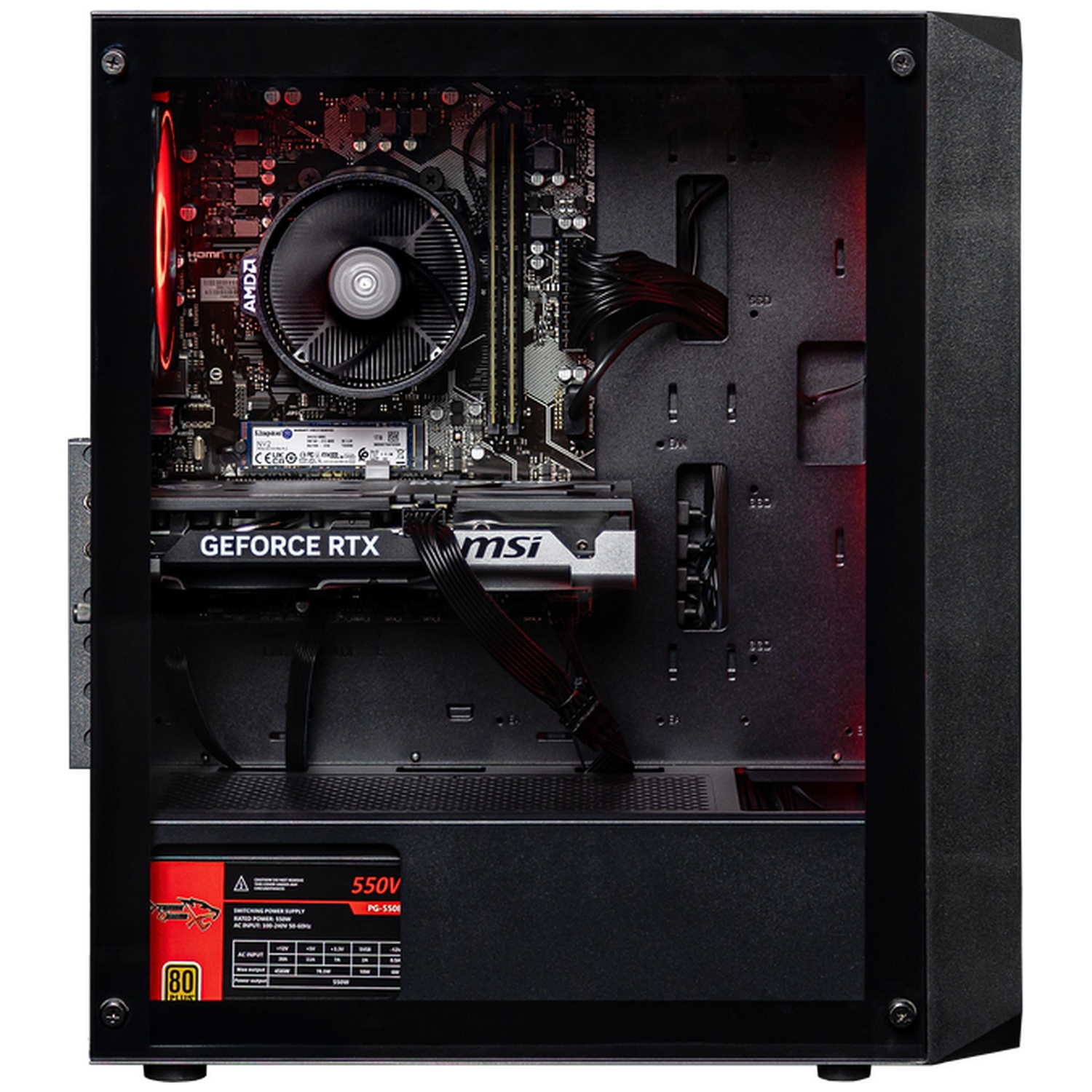 An open PC case with red lighting, CPU cooler, graphics card, and power supply.