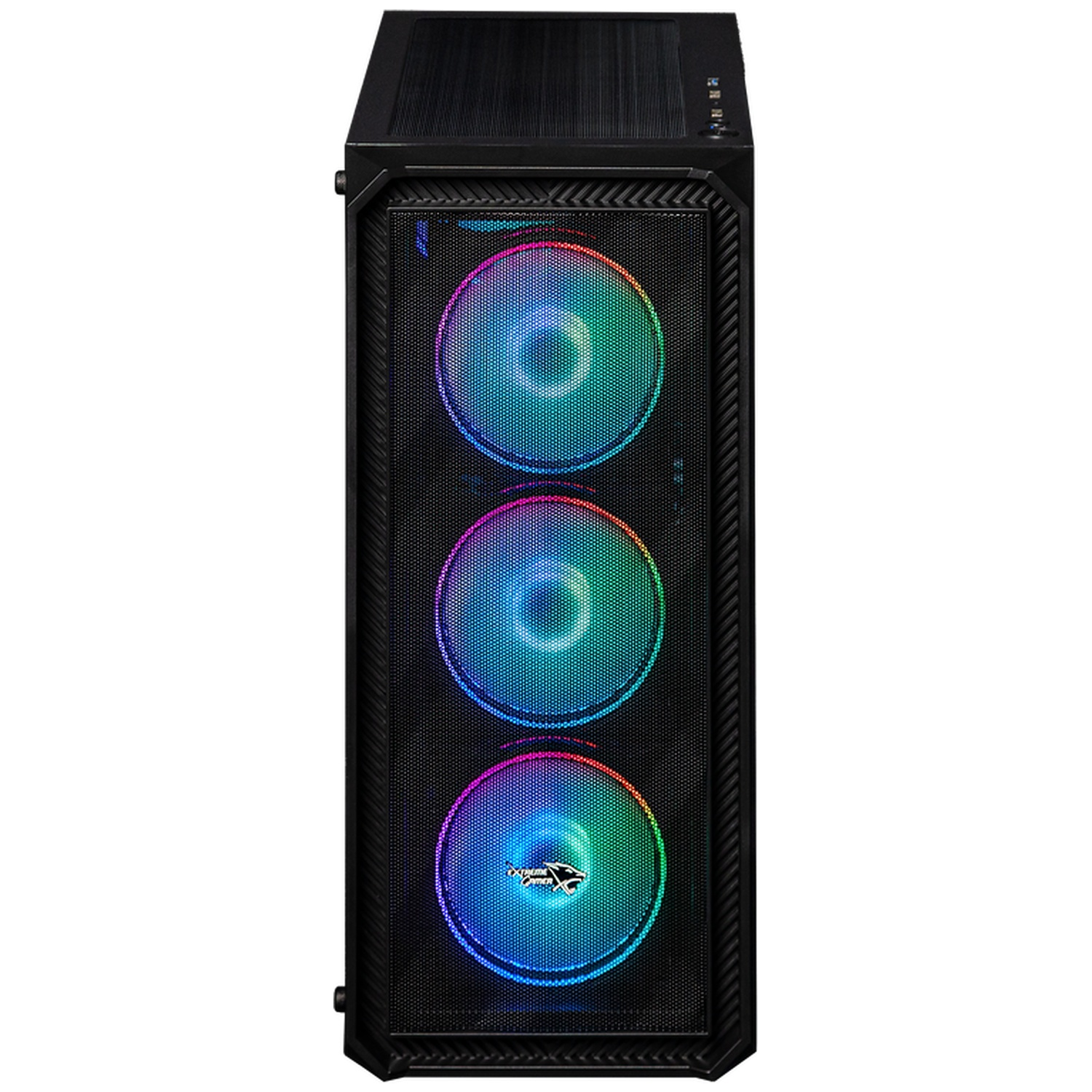 Black PC tower with three RGB fans on the front.