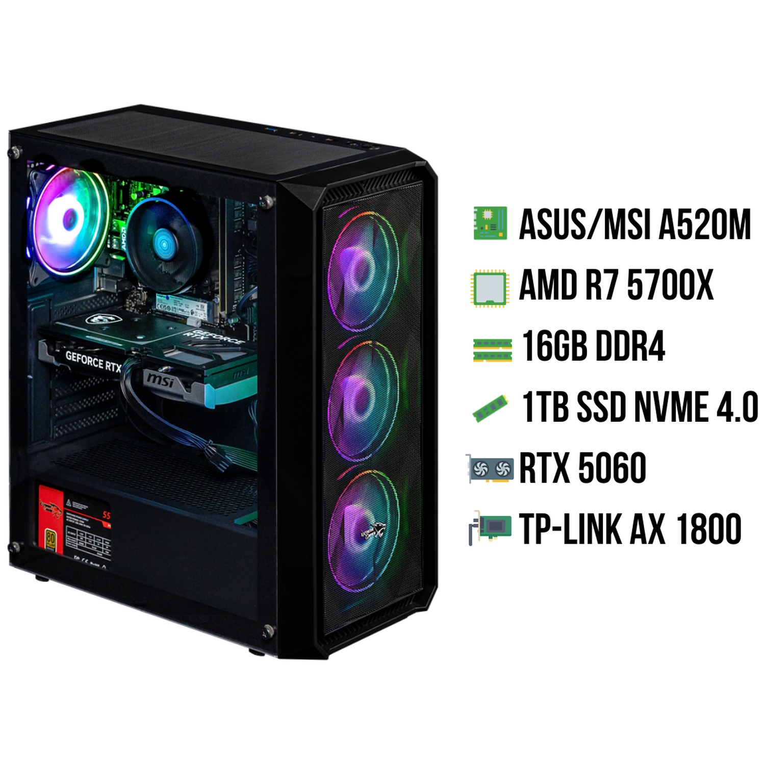 A black PC case with RGB fans, graphics card, and components displayed.