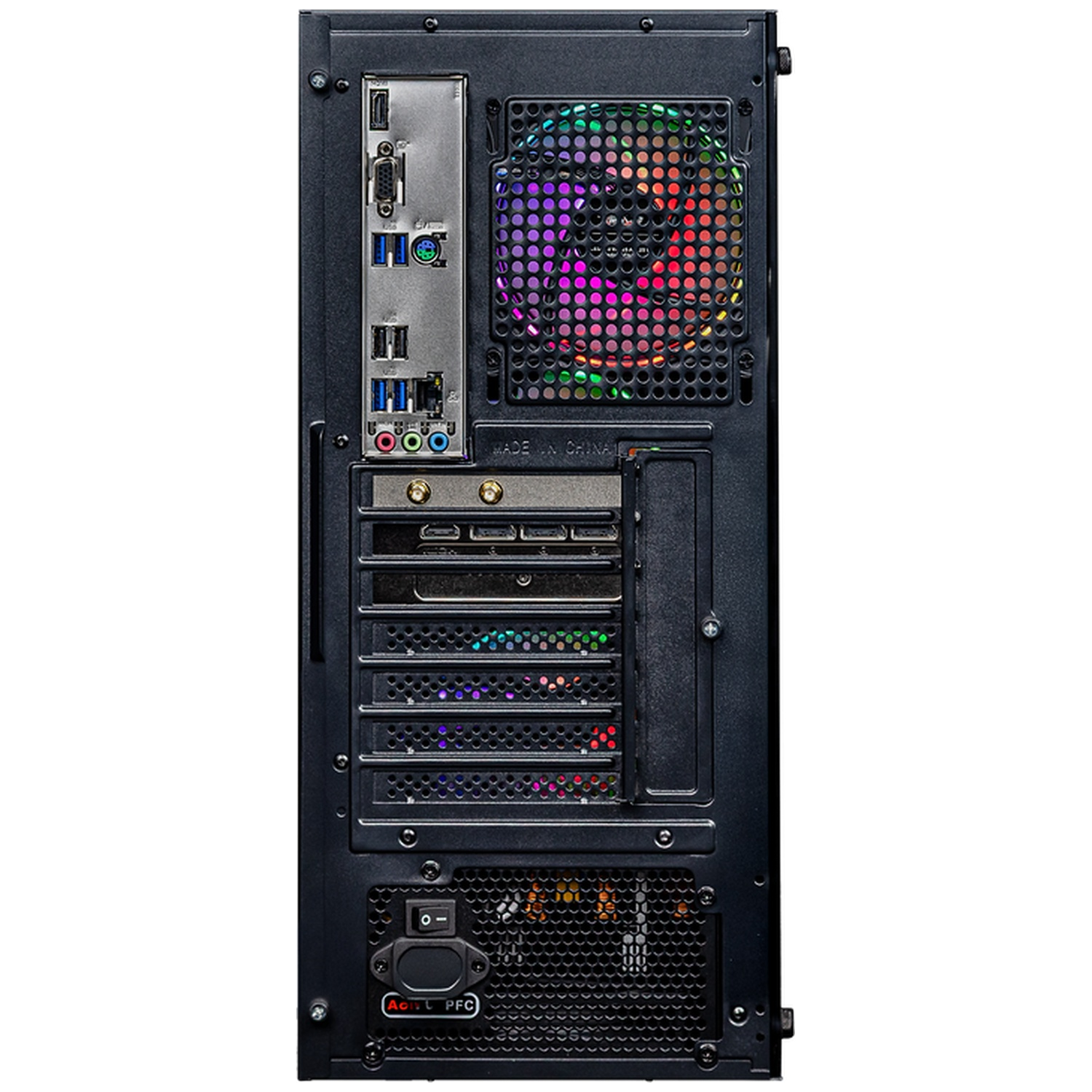 Back of a black computer case showing ports and an RGB fan.