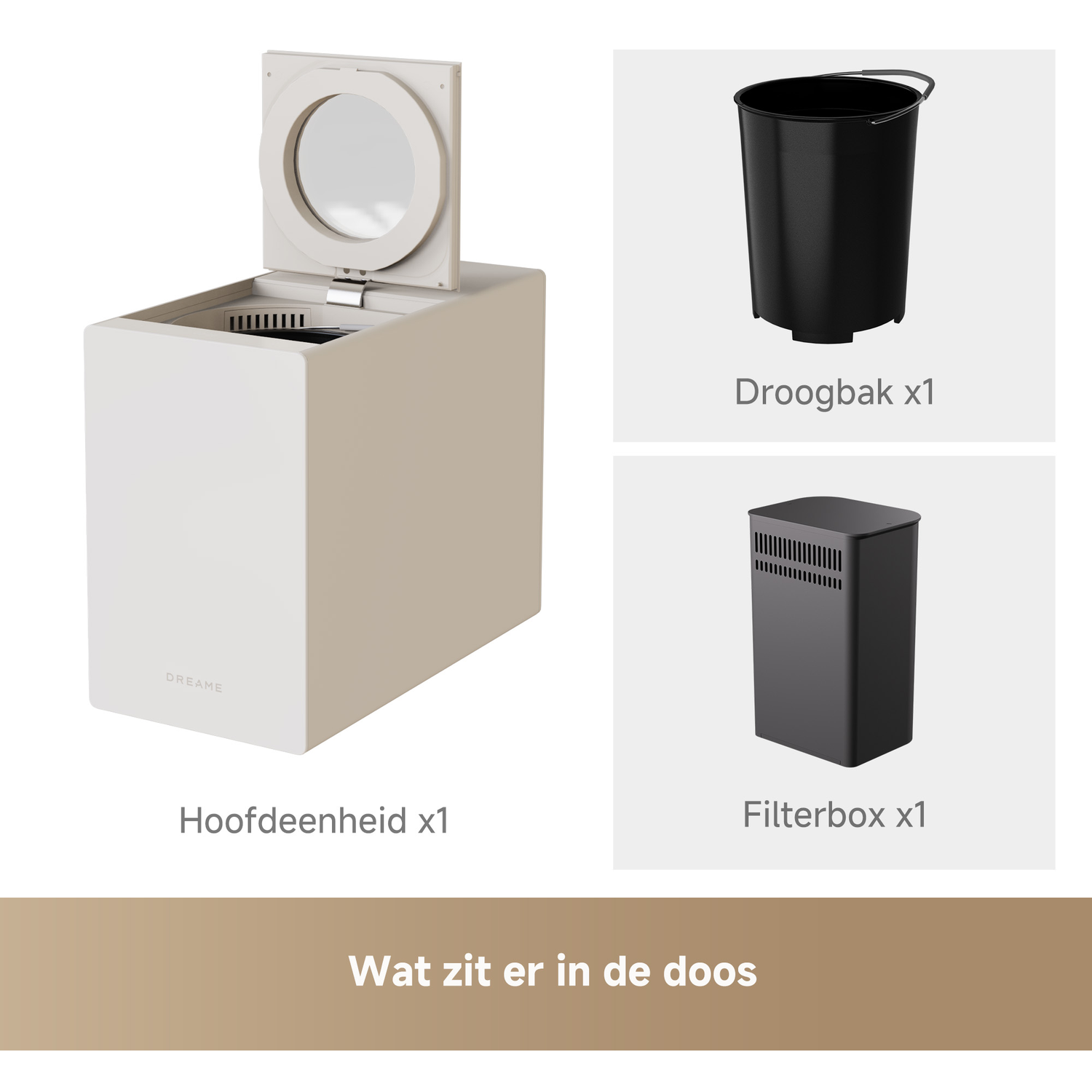 Witte hoofdeenheid met open deksel, ernaast een zwarte droogbak en een filterbox.