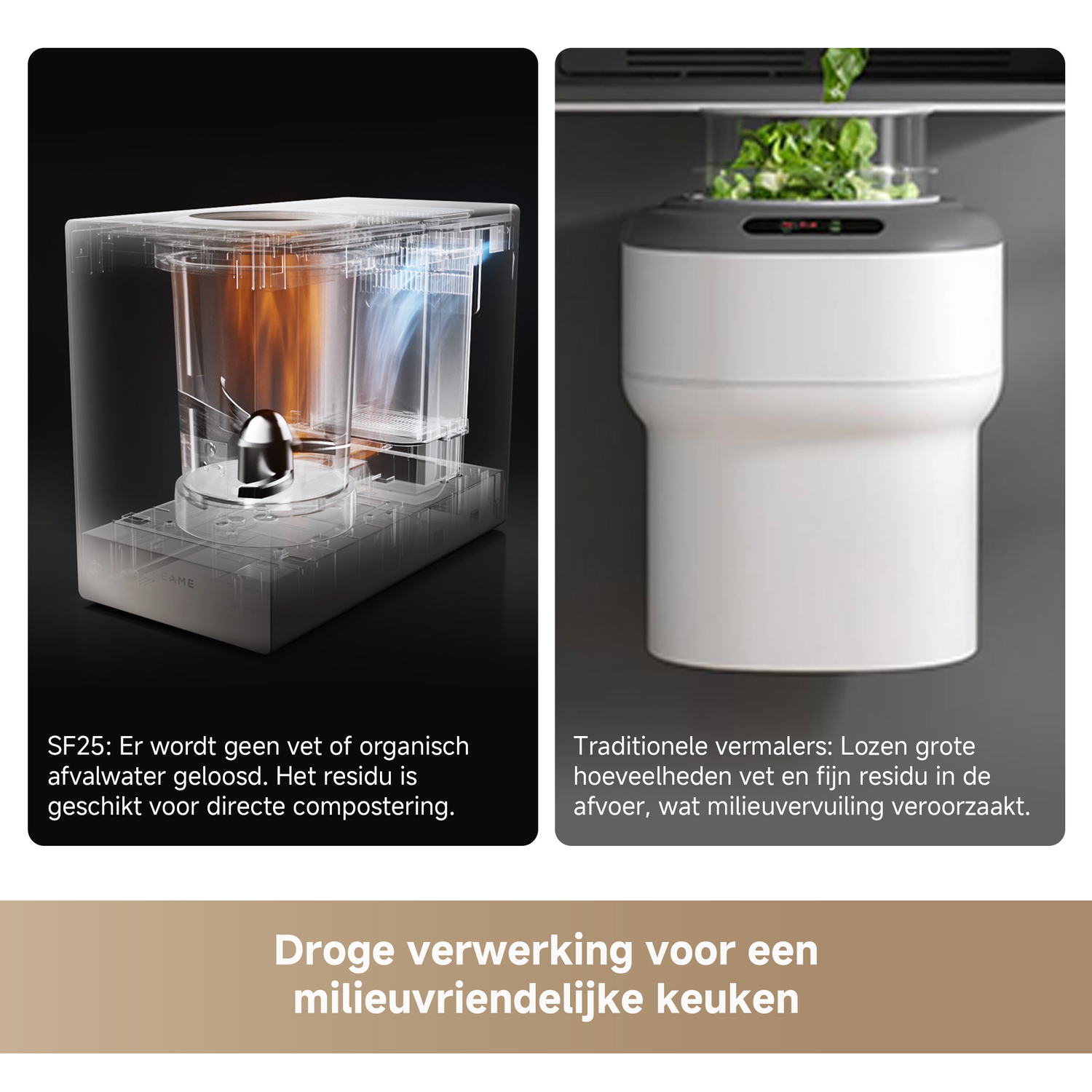 Twee keukenapparaten: Links een transparante composter met oranje inhoud. Rechts een witte bak met groen voedsel.