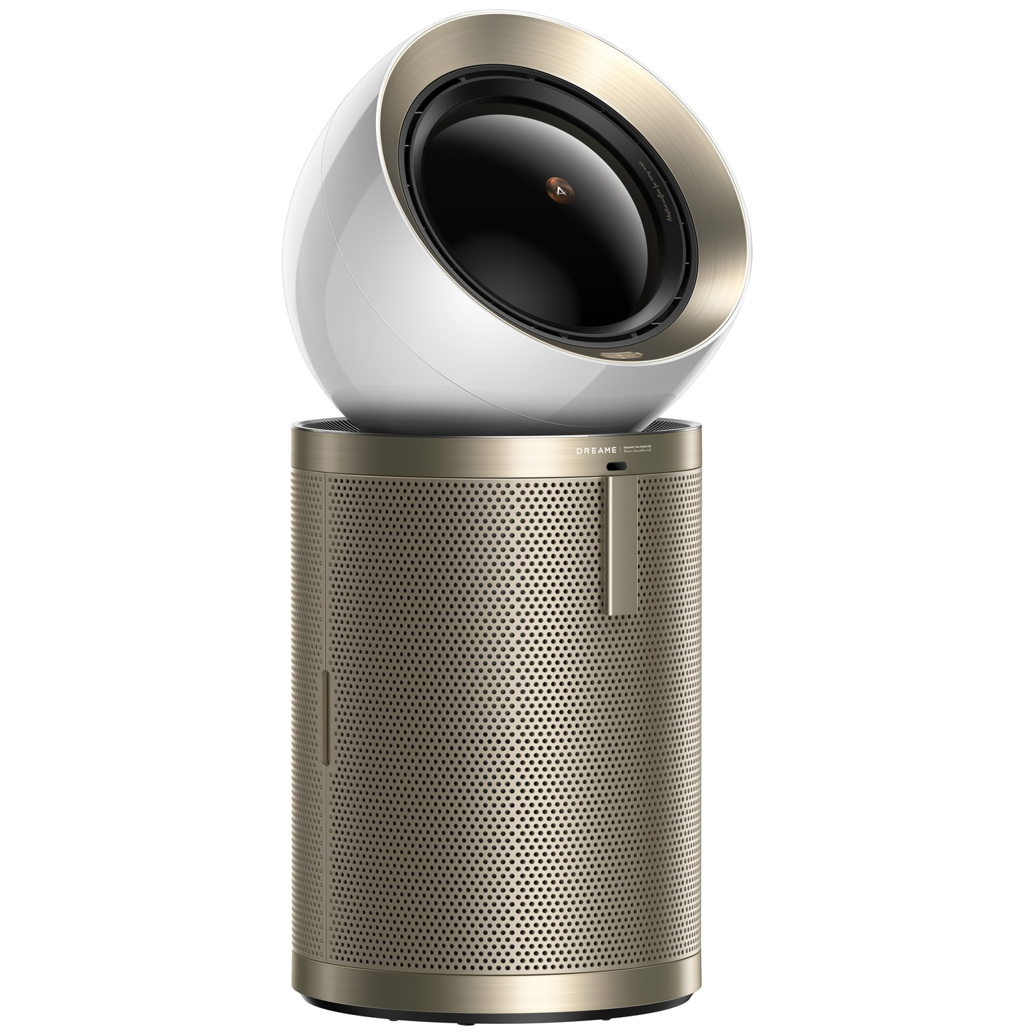 Un purificateur d'air rond, blanc et doré repose sur une base ronde et perforée.