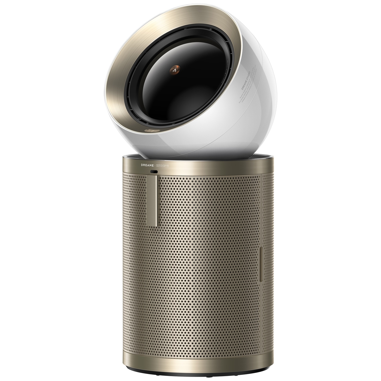 Une enceinte blanche à bordure dorée repose sur un cylindre en bronze perforé.