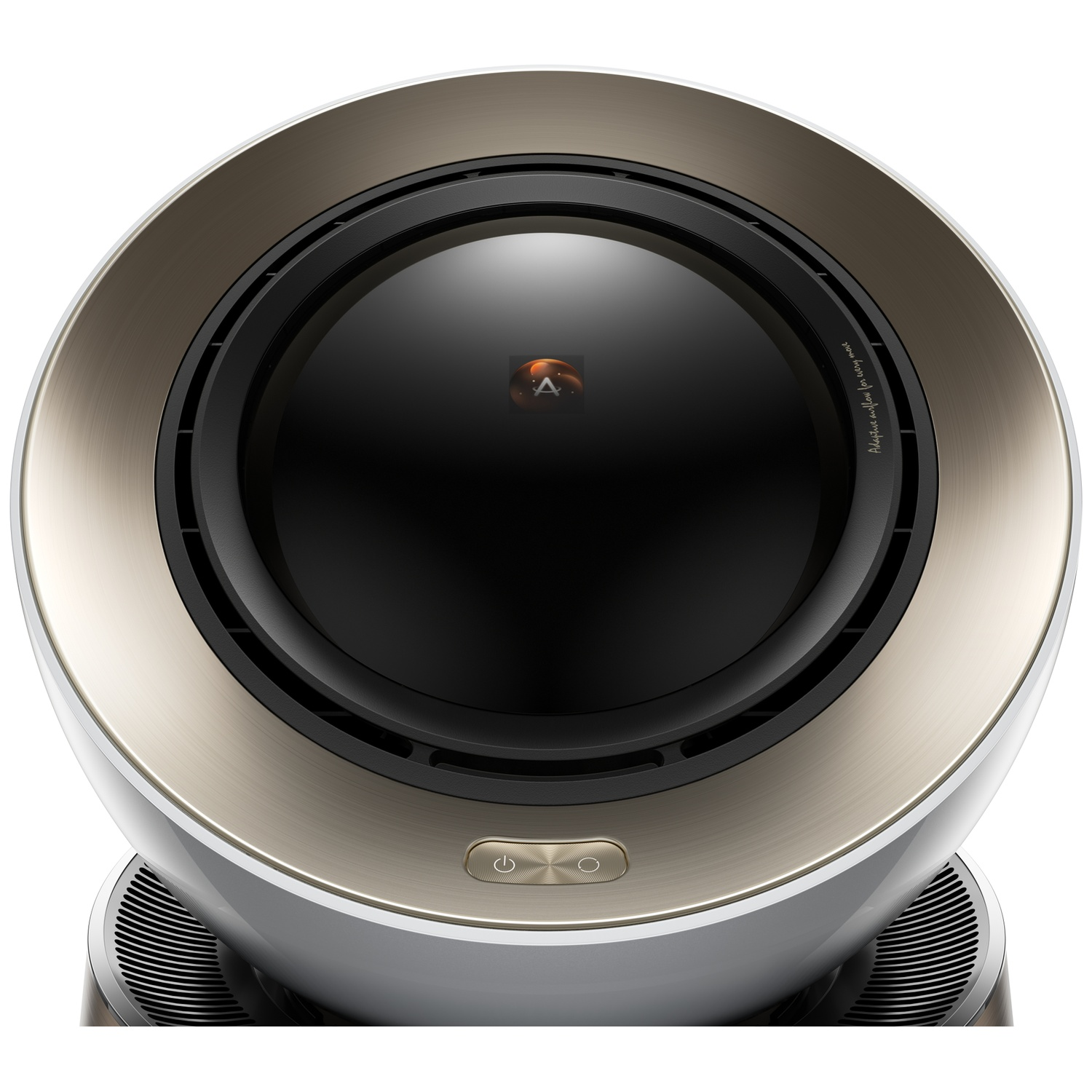 Un purificateur d'air rond et blanc avec un anneau doré et un écran noir.