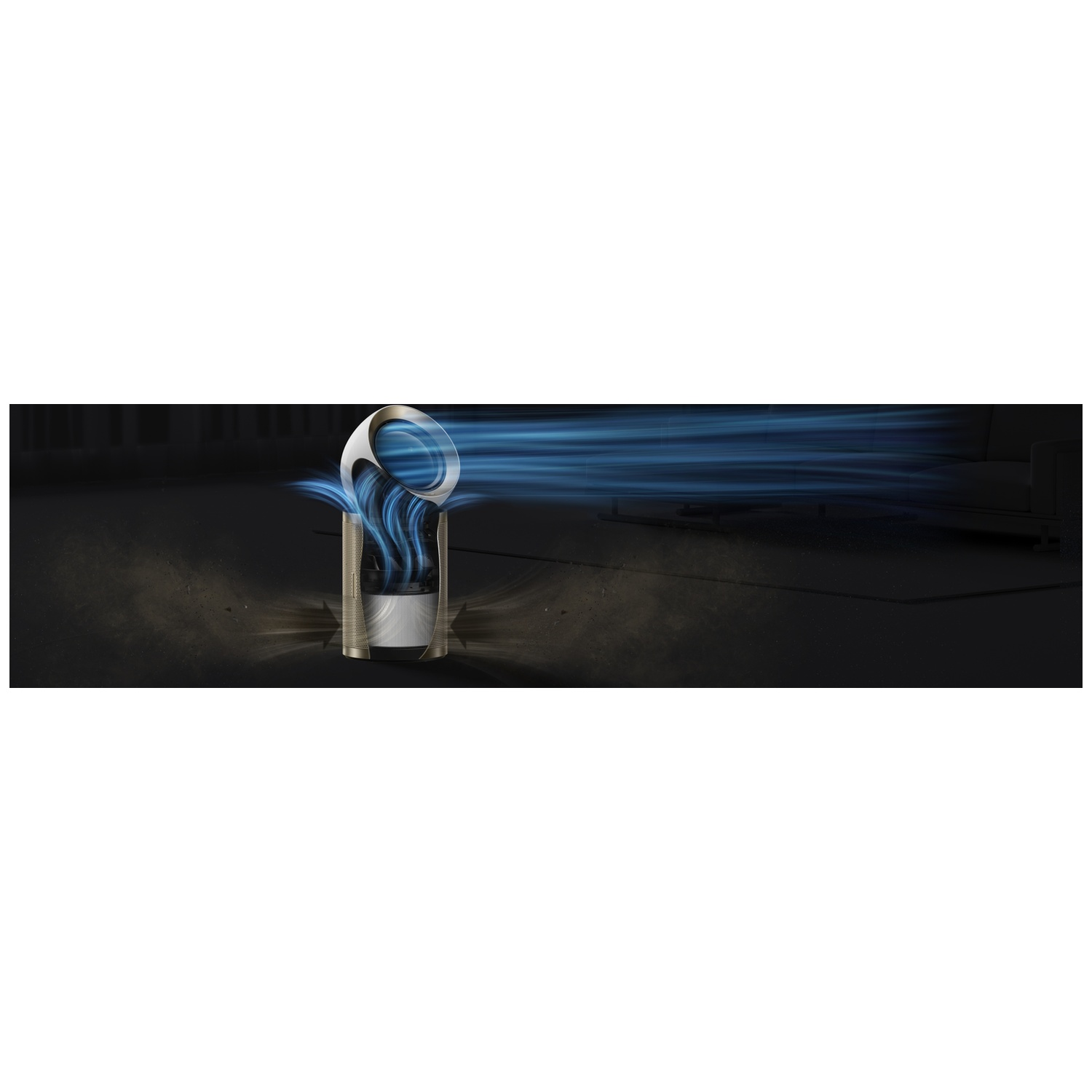 Un ventilateur tour argenté avec des flux d'air bleus s'écoulant du dessus.