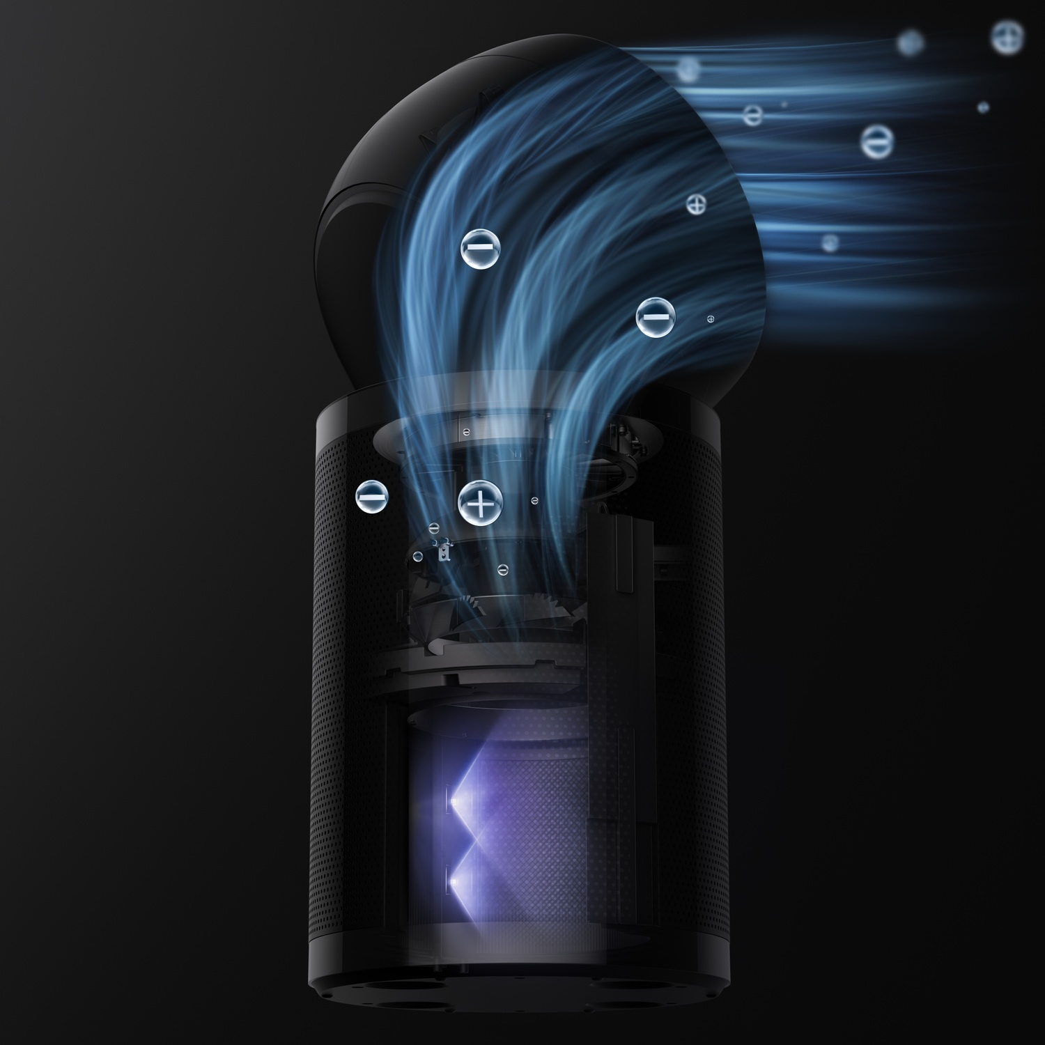 Purificateur d'air avec des tourbillons d'air bleus et des ions s'écoulant vers le haut.