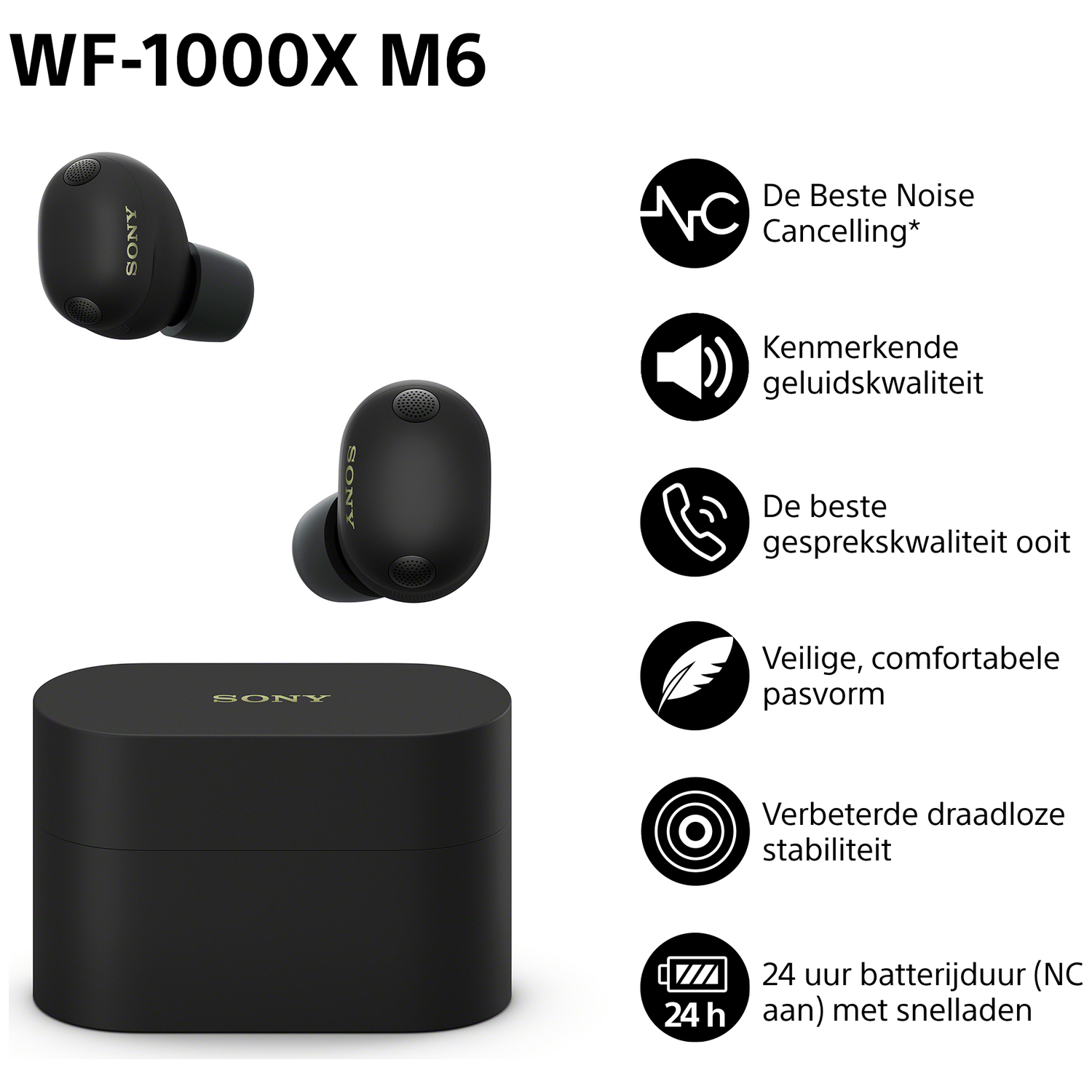 Sony WF-1000X M6 earbuds and black charging case with icons.