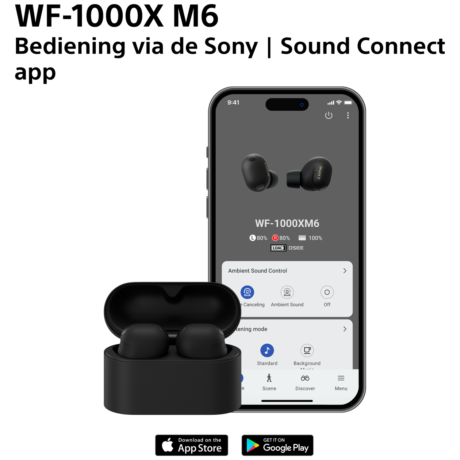 Sony WF-1000XM6 earbuds in case and on phone app screen.
