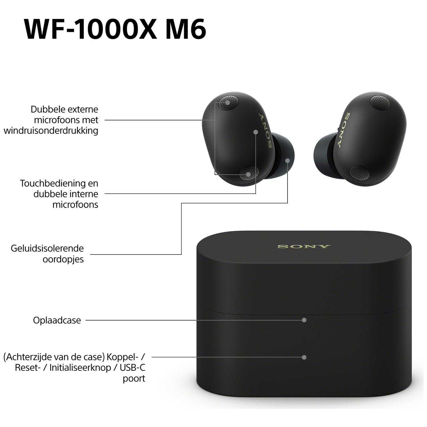 Sony WF-1000X M6 earbuds and charging case. Black design with labels.