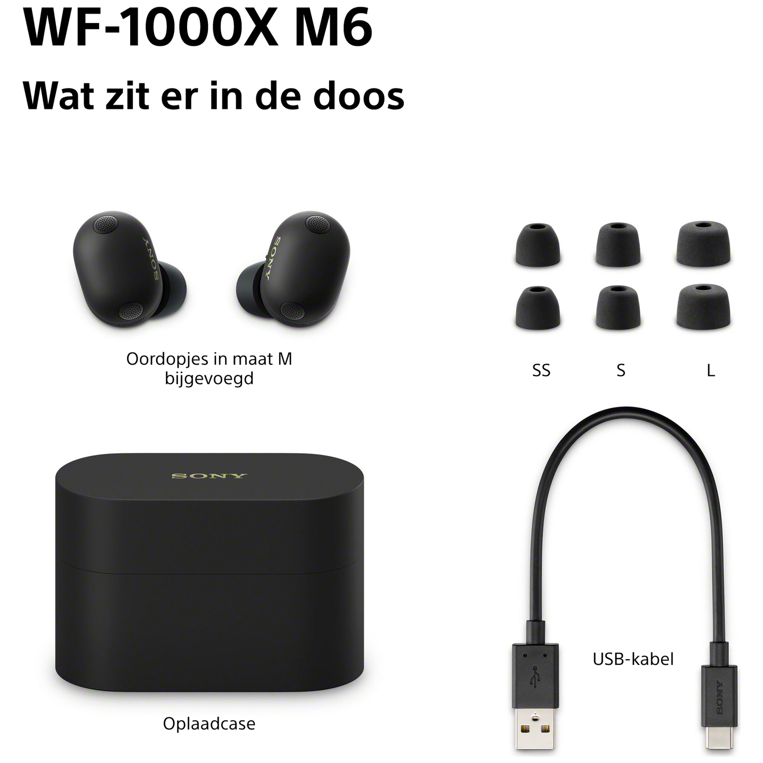 Sony WF-1000XM6 contents: Earbuds, charging case, ear tips (SS, S, L), and USB cable.