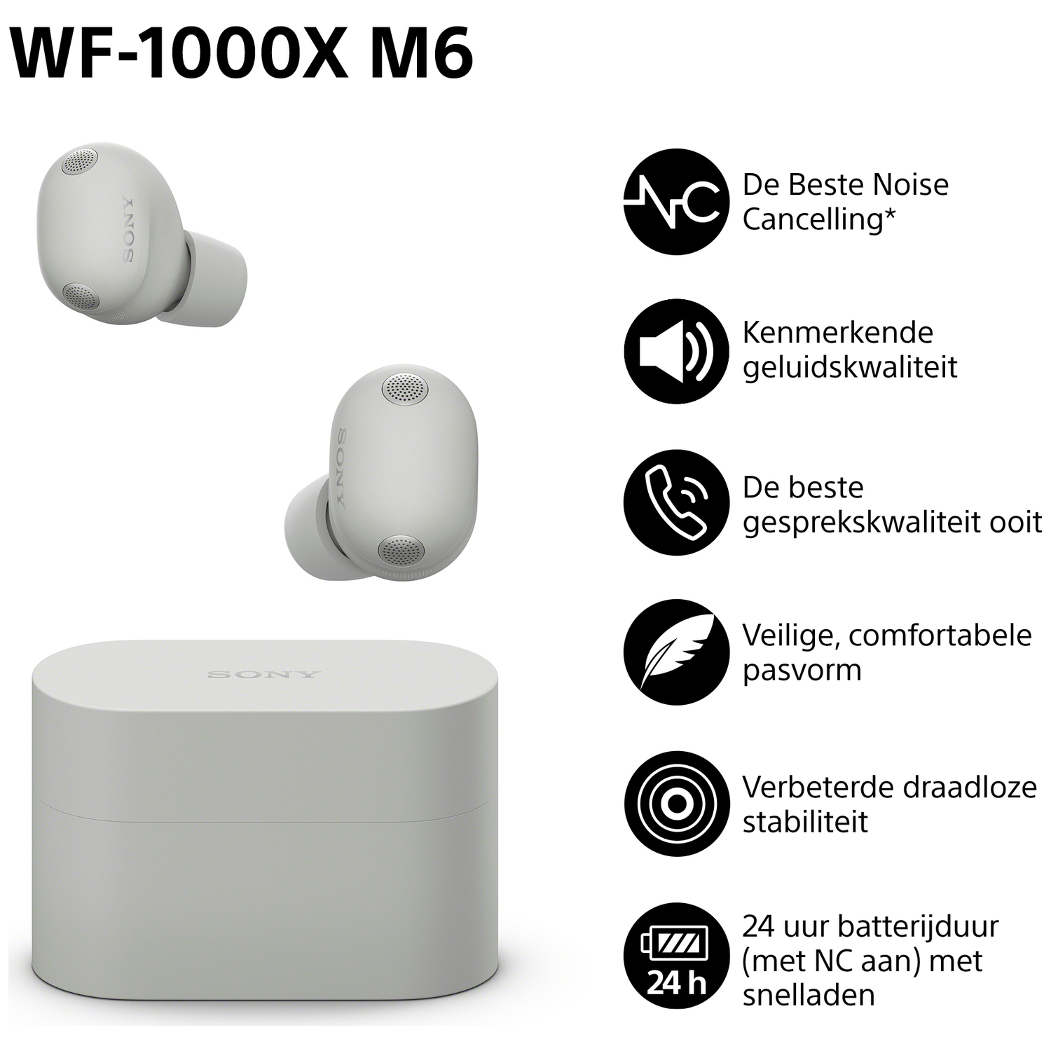 Sony WF-1000X M6 oordopjes, oplaadcase, noise cancelling, geluid, bellen, comfort, stabiliteit, 24u batterij.