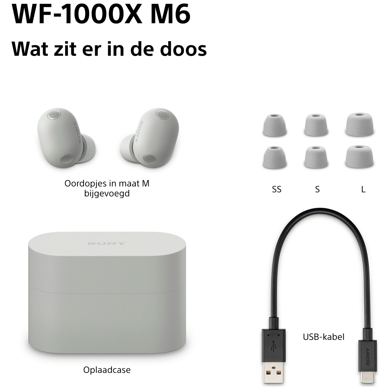 Sony WF-1000X M6: witte oortjes, oplaadcase, oordopjes S, M, L en USB-kabel.