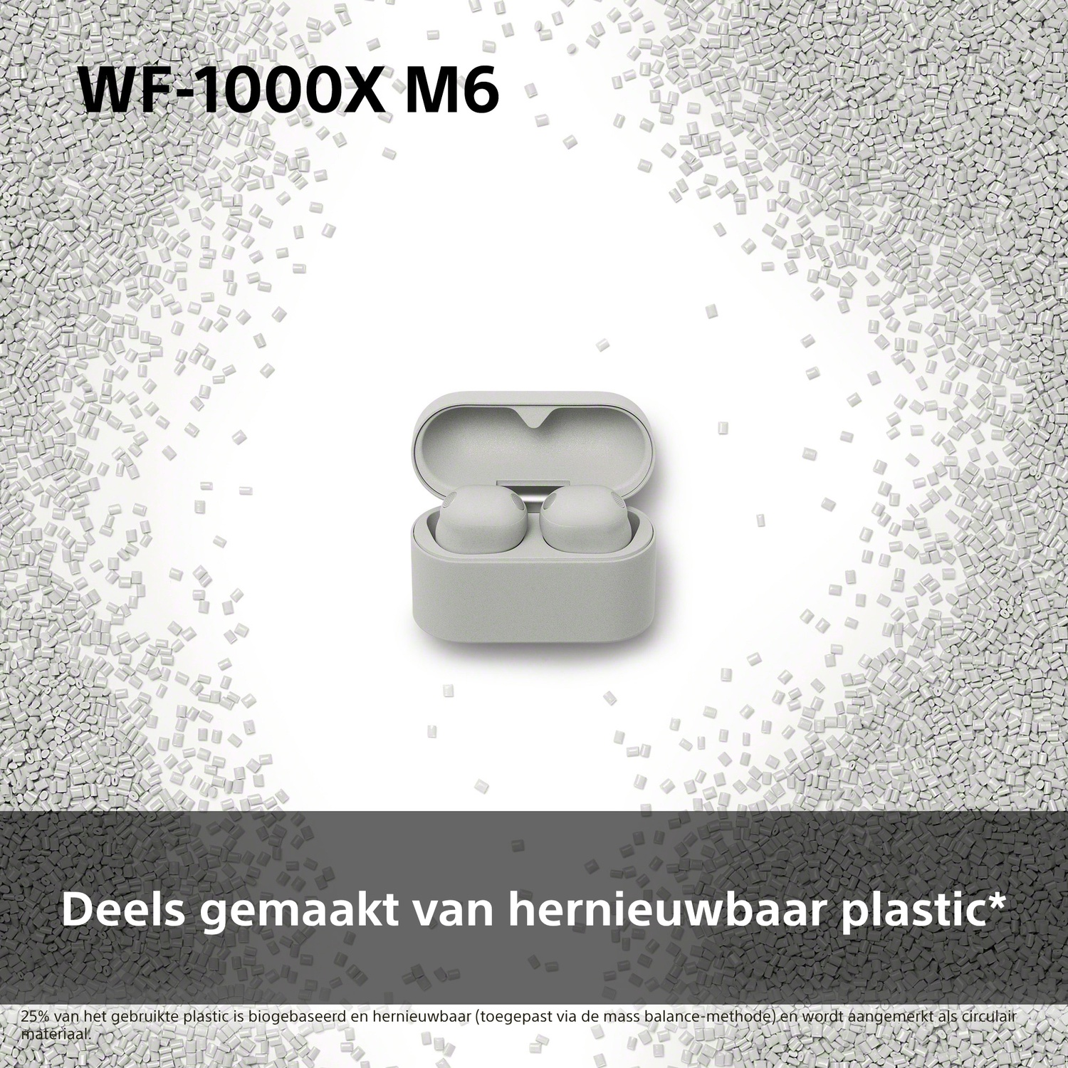 Écouteurs gris dans un étui de chargement, entourés de petites pastilles de plastique.