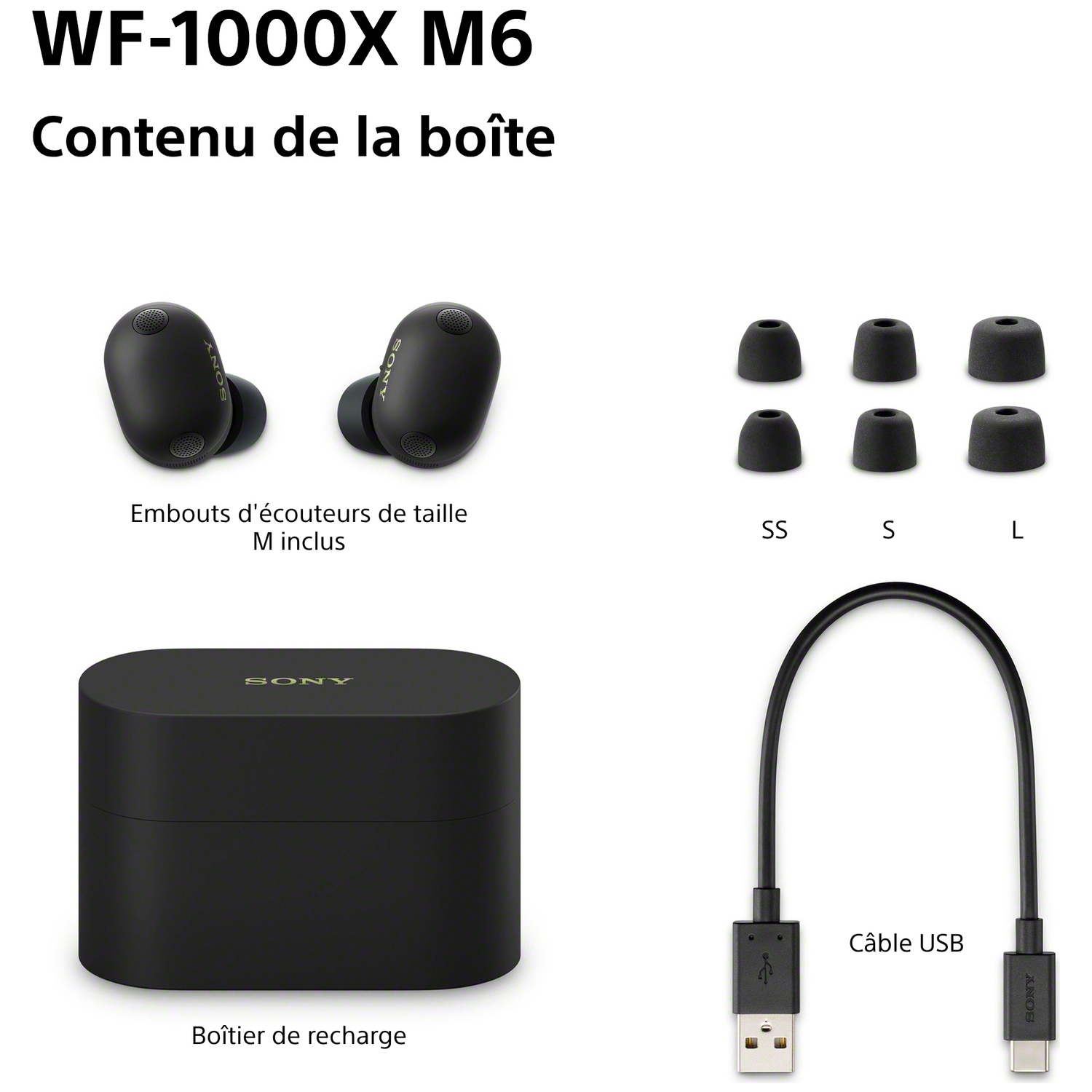 Contenu WF-1000X M6 : écouteurs, embouts (SS, S, L), boîtier de charge, câble USB.