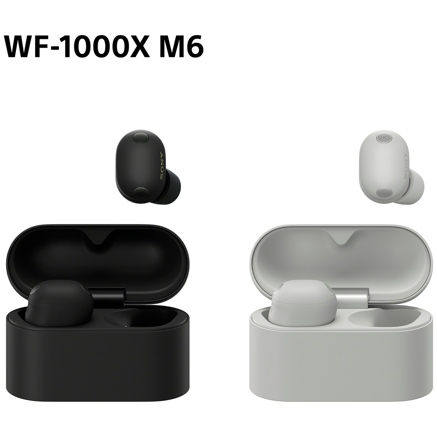 Écouteurs Sony WF-1000X M6 noirs et blancs avec étuis de charge.