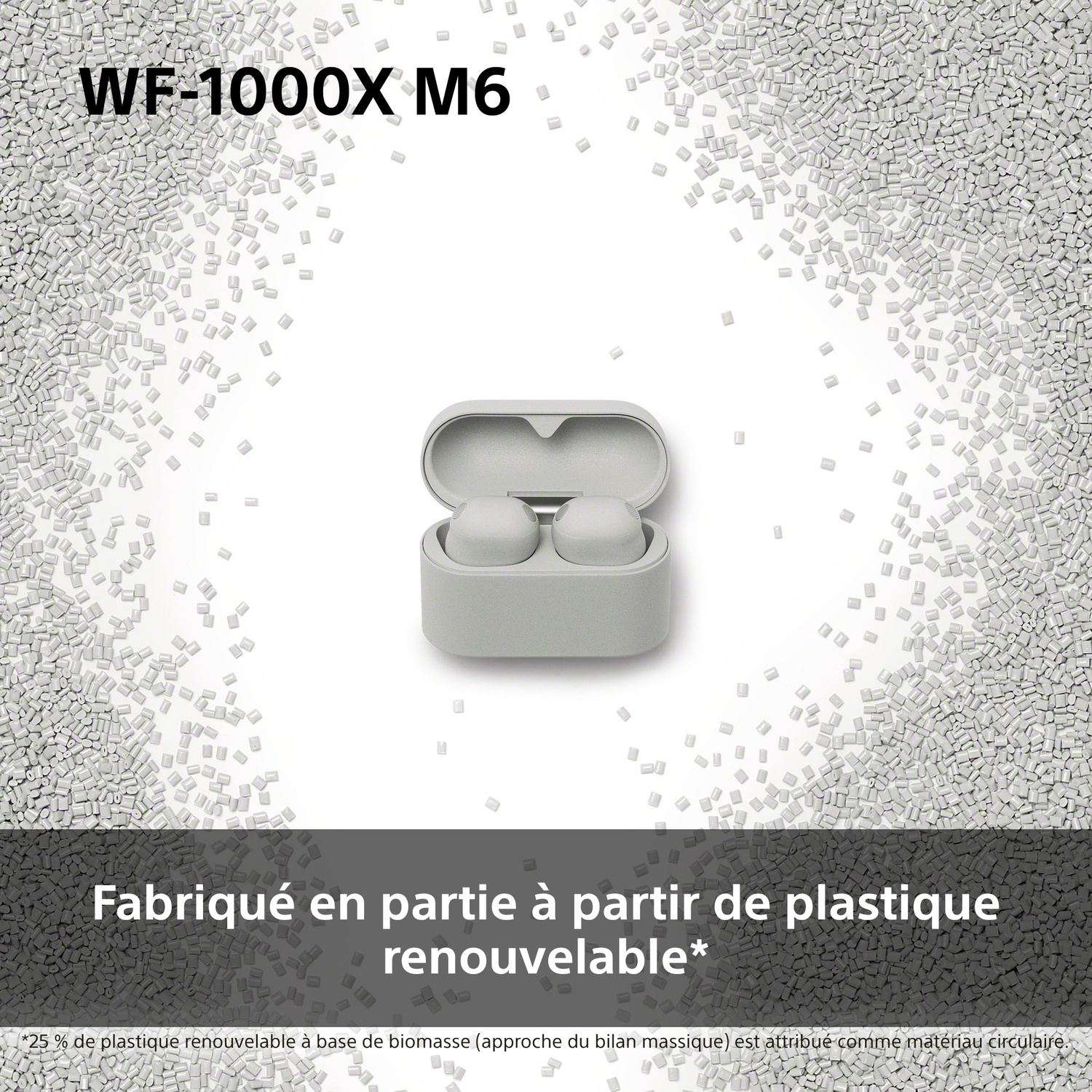 Écouteurs WF-1000XM6 gris dans un étui de chargement, entourés de granulés plastiques.