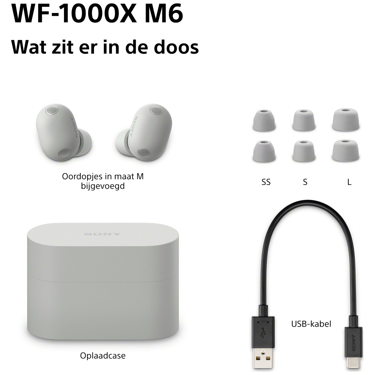 Contenu Sony WF-1000XM6 : Écouteurs, étui de chargement, embouts S, SS, L et câble USB.