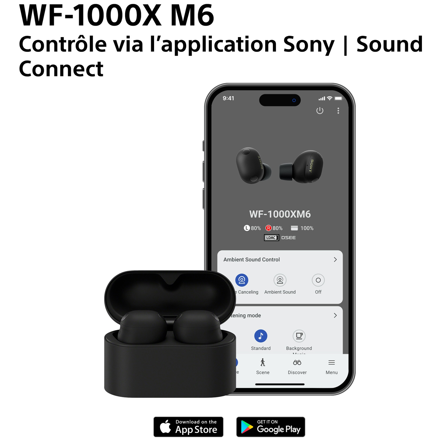 Écouteurs Sony WF-1000XM6 noirs dans leur étui et sur l'écran d'un smartphone.