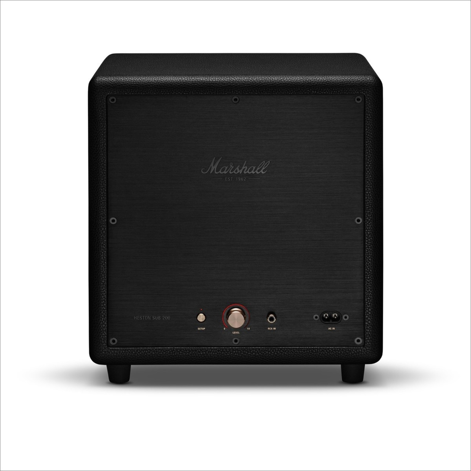 Pannello posteriore subwoofer Marshall nero con porte e controlli. Logo Marshall.