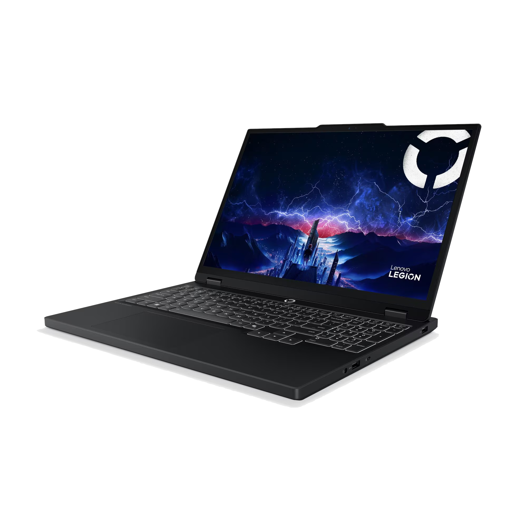 Portátil negro con teclado iluminado y fondo de escritorio futurista.