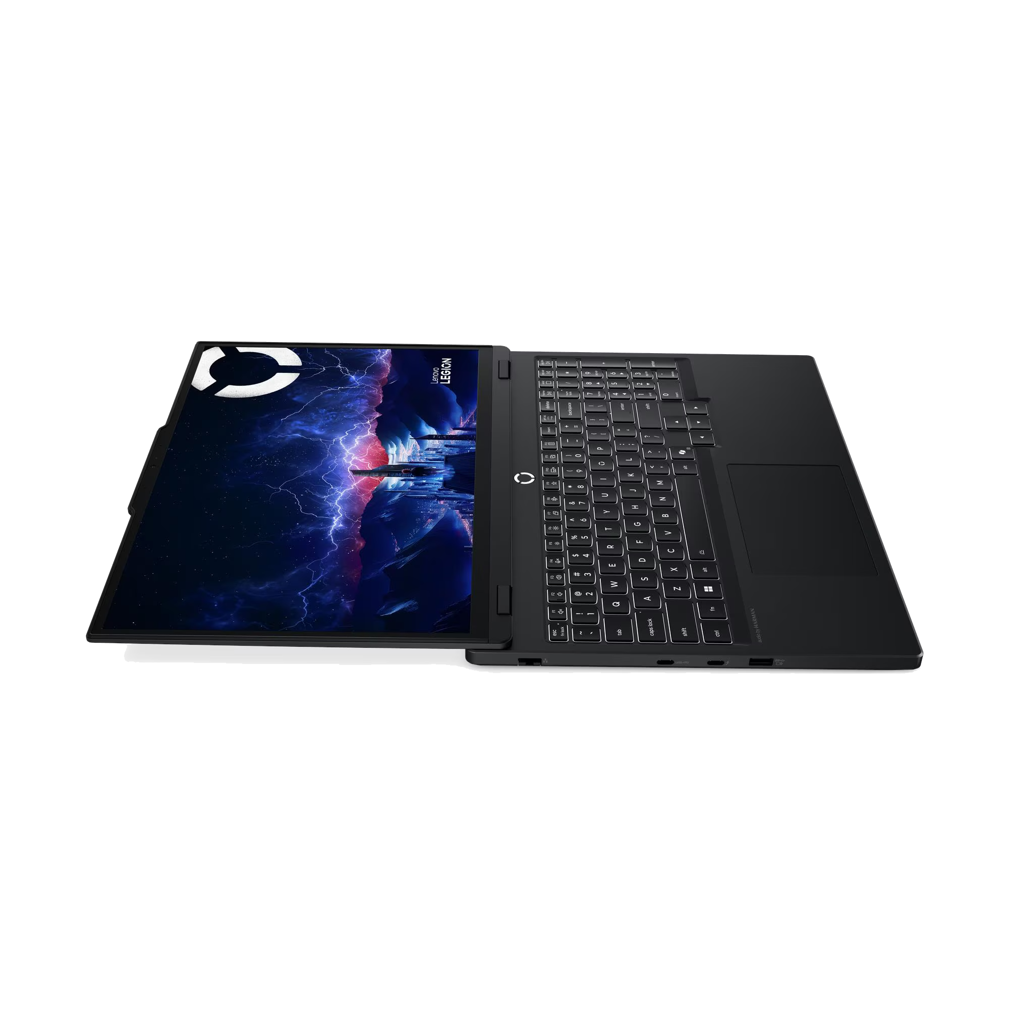 Un portátil negro Lenovo Legion con un fondo de escritorio futurista y brillante.