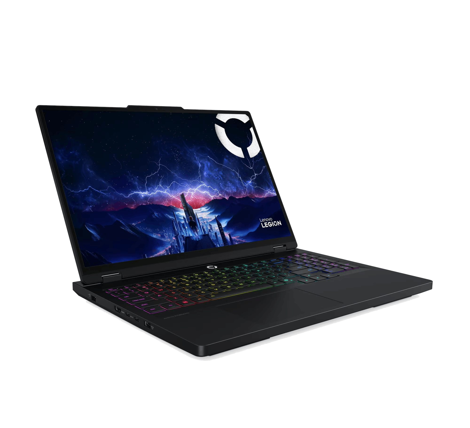 Un portátil negro con teclado retroiluminado y fondo de pantalla futurista.