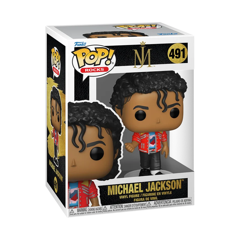 Figura Funko Pop de vinilo de Michael Jackson con chaqueta roja y pantalón negro.