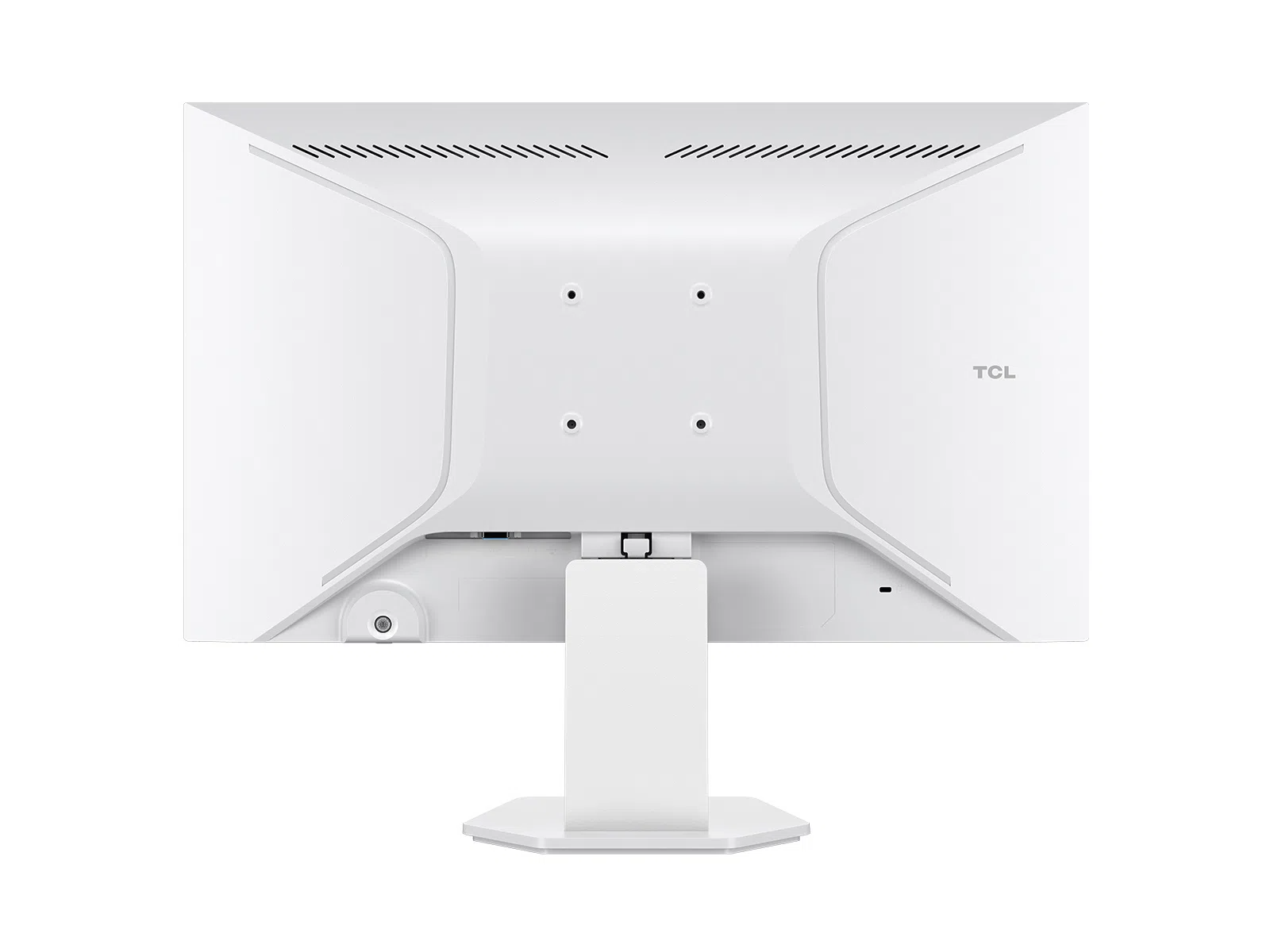 Fehér monitor hátulja TCL logóval és integrált állvánnyal.