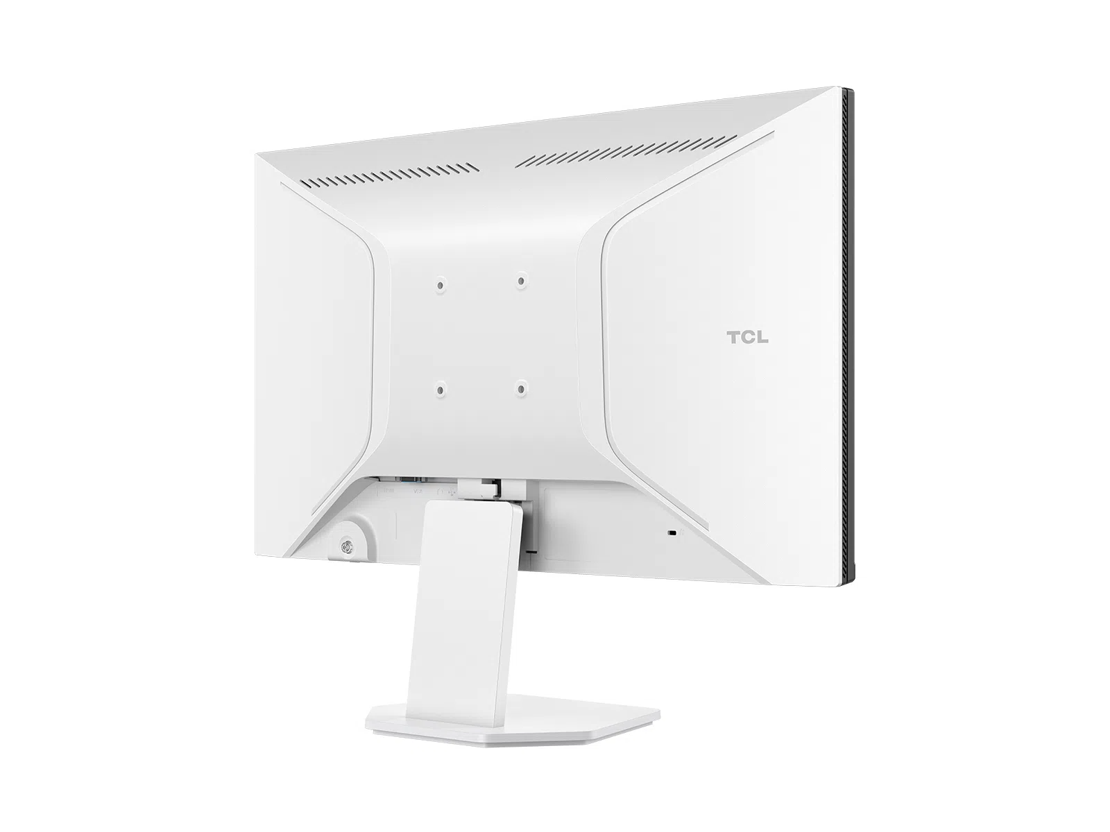 Fehér TCL monitor hátulnézete csatlakozókkal és állvánnyal.