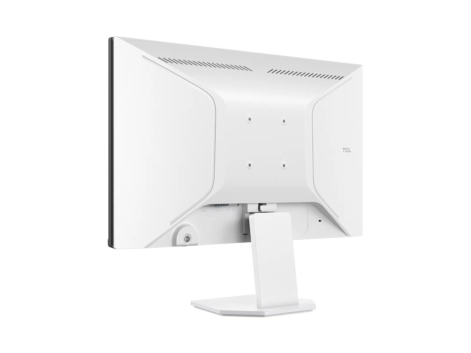 Egy fehér TCL monitor hátulja, csatlakozókkal és állítható állvánnyal.
