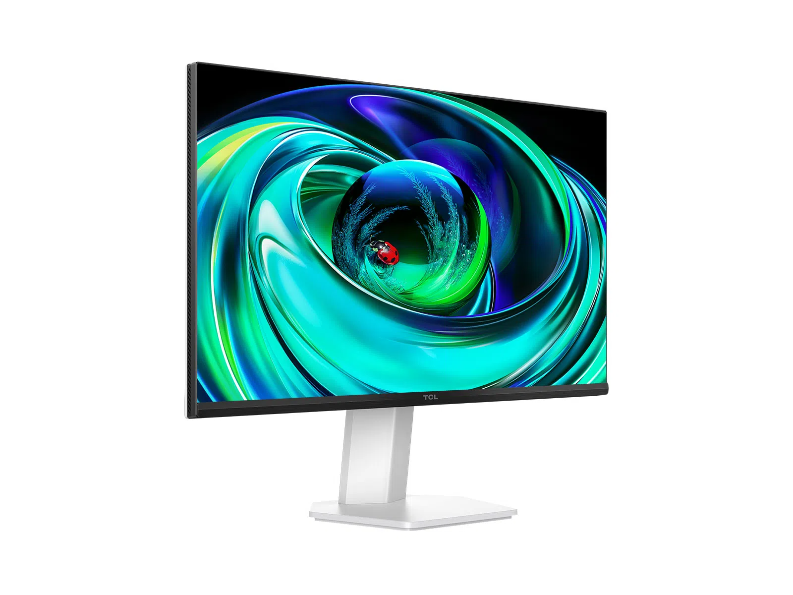 Egy modern monitor absztrakt képpel, TCL logóval a kereten.