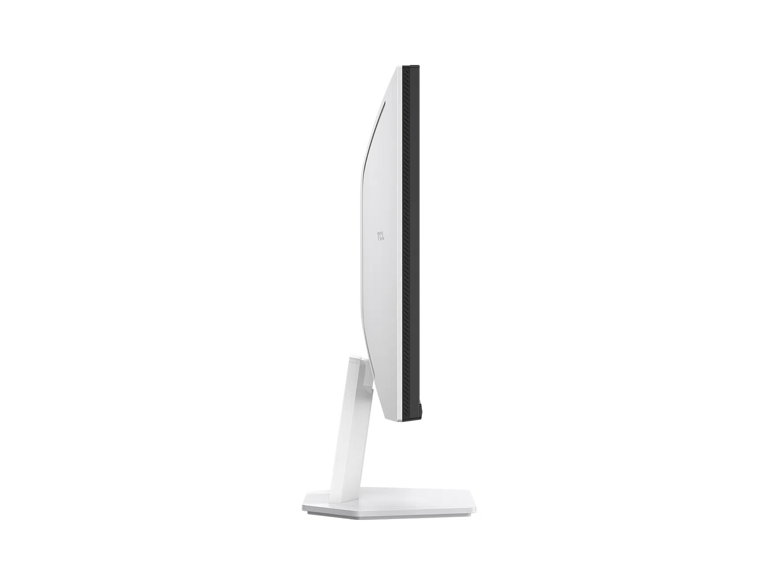 Fehér TCL monitor oldalnézetben, fekete kerettel, fehér háttérrel.