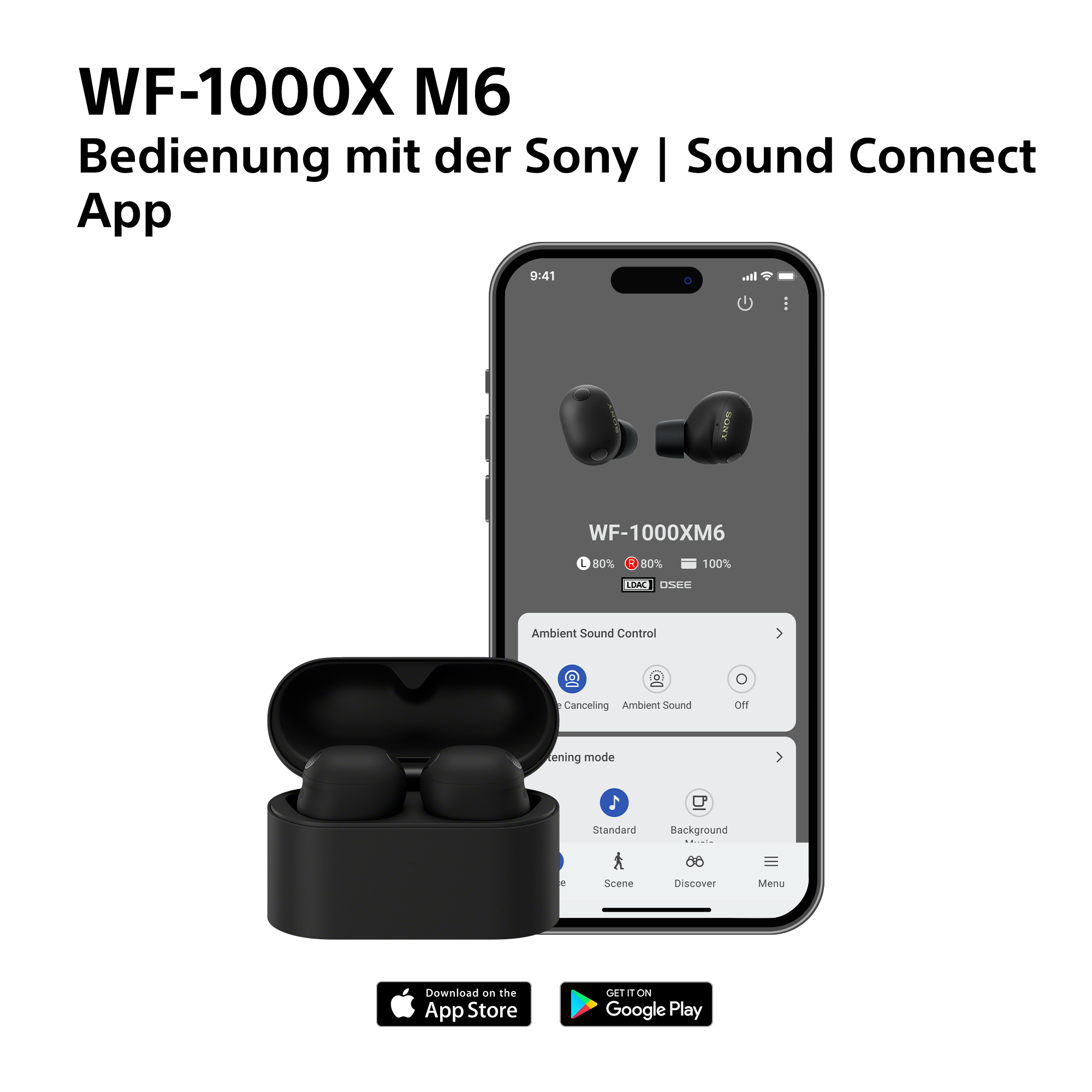 Sony WF-1000XM6 Kopfhörer mit Ladecase und App-Interface auf einem Smartphone.