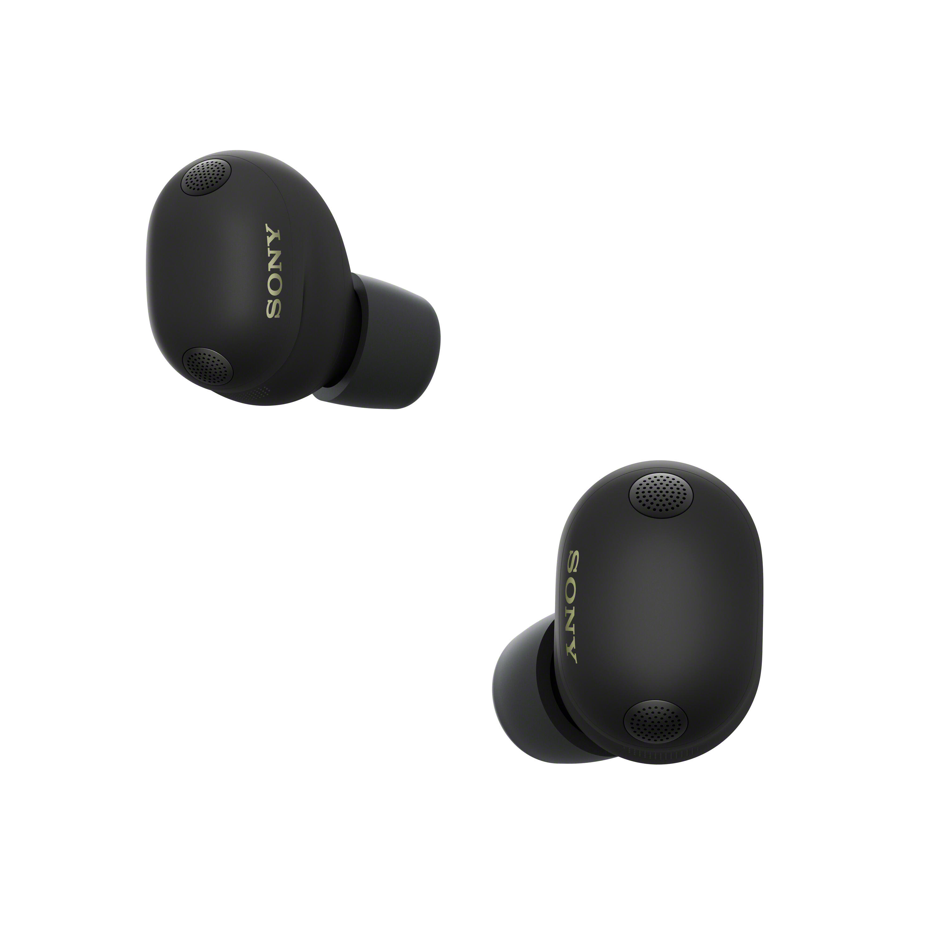 Dos auriculares Sony negros con letras doradas, sobre fondo blanco.