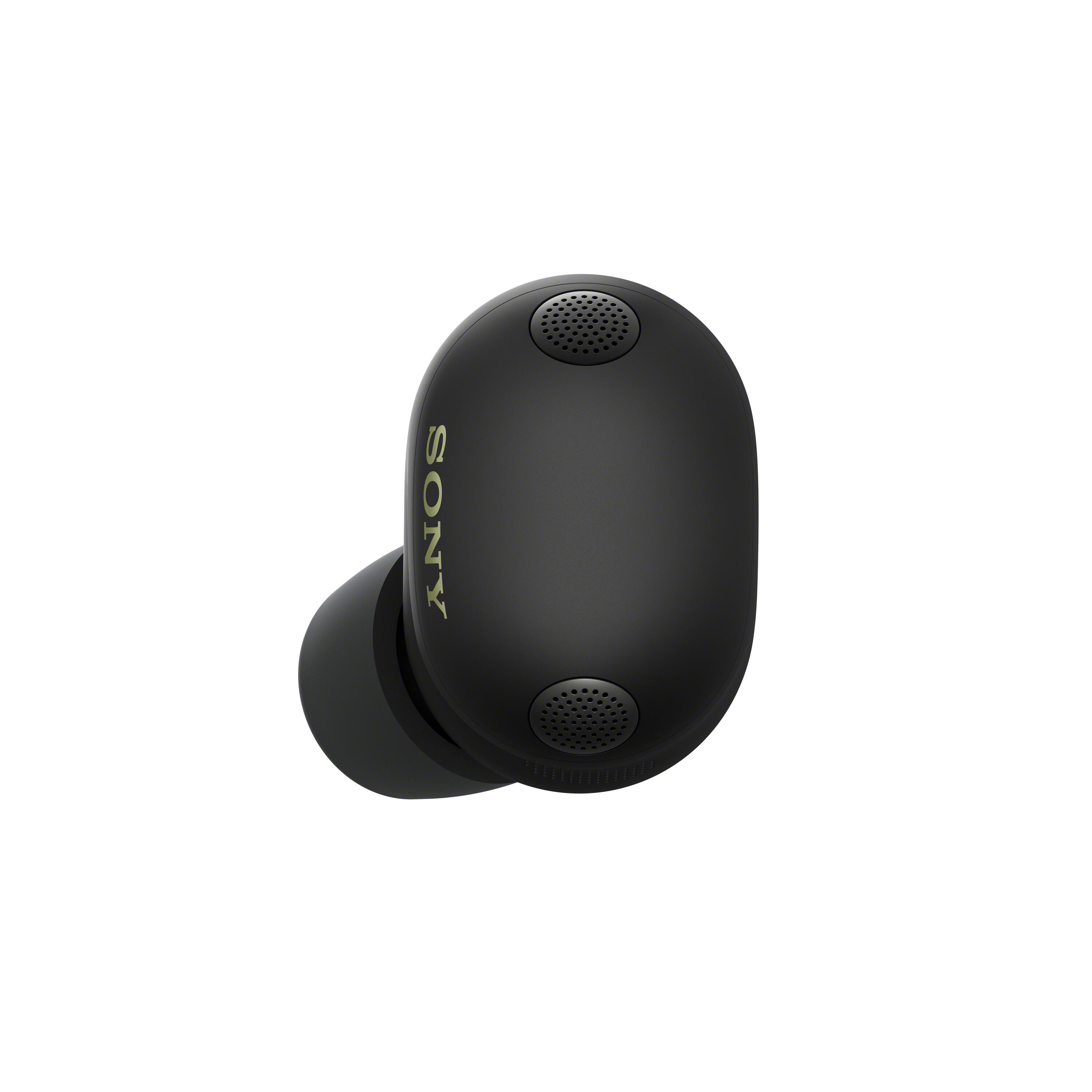 Auricular Sony negro con logo dorado y rejilla de altavoz.
