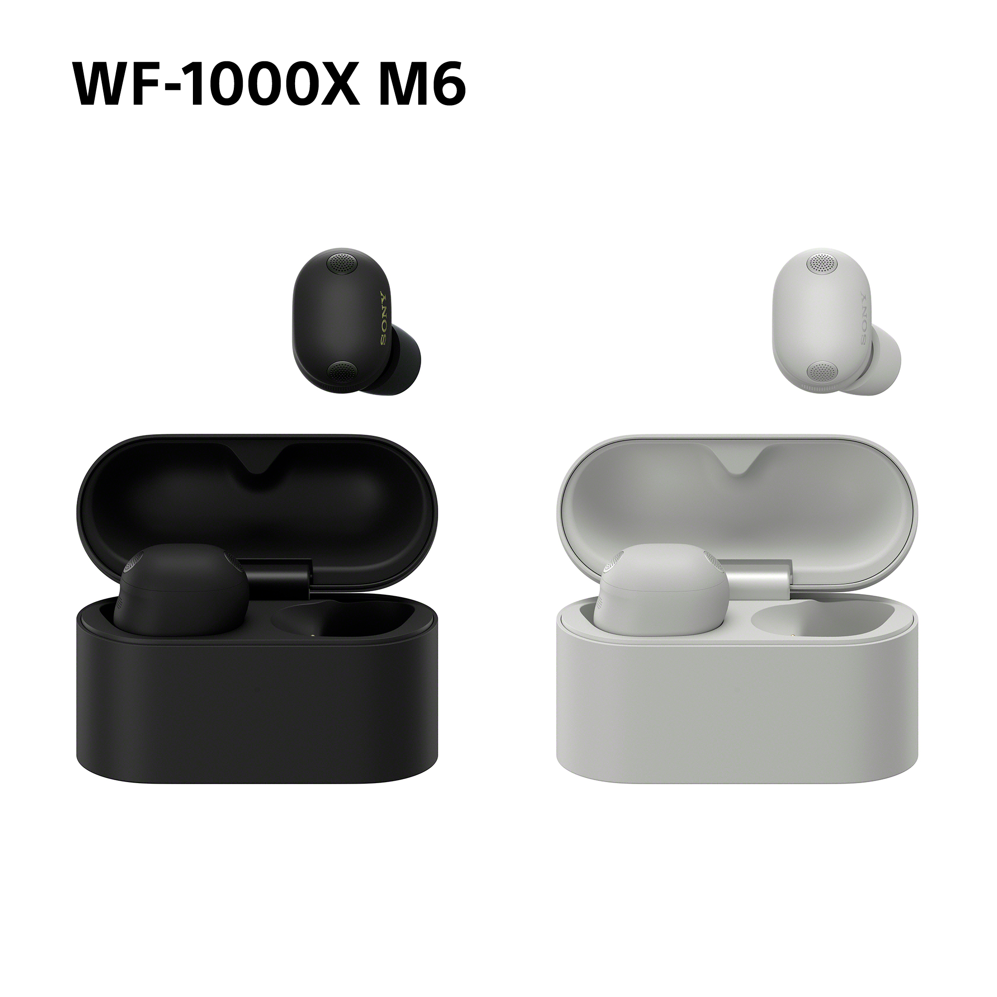 Dos auriculares Sony WF-1000X M6, negros y blancos, con estuches de carga abiertos.