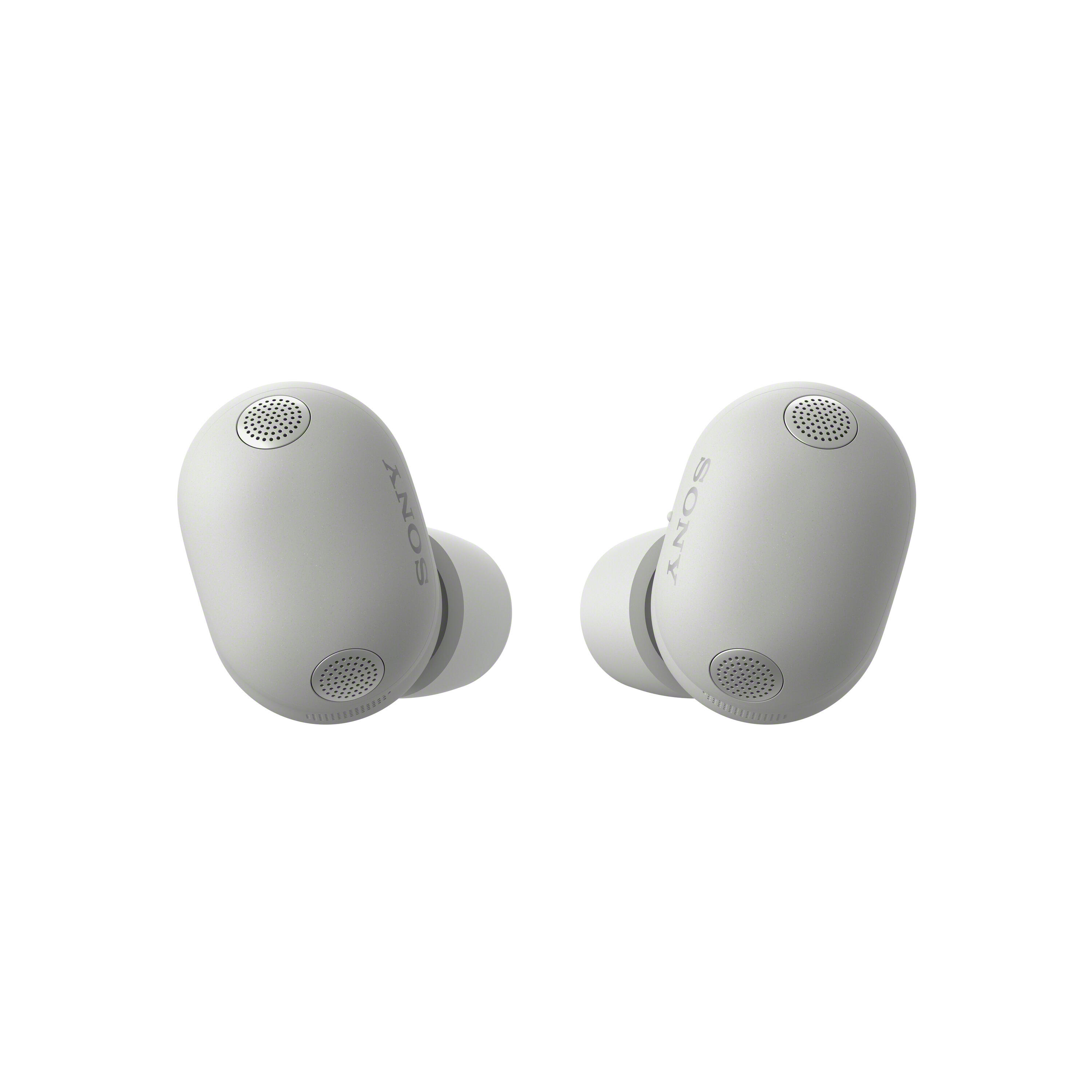 Dos auriculares Sony blancos con rejillas y logo sobre fondo blanco.