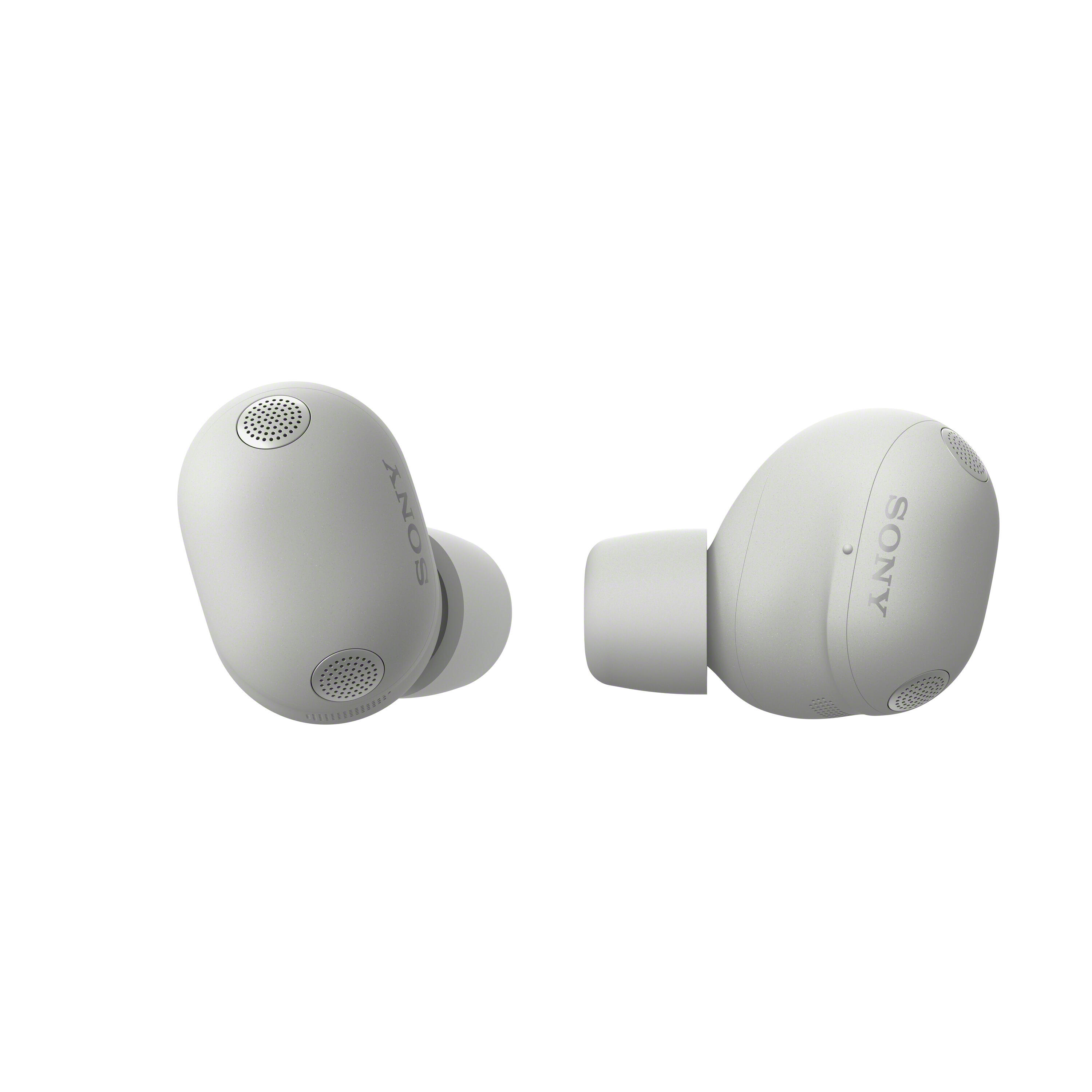Dos auriculares Sony blancos con rejillas y logo sobre fondo blanco.