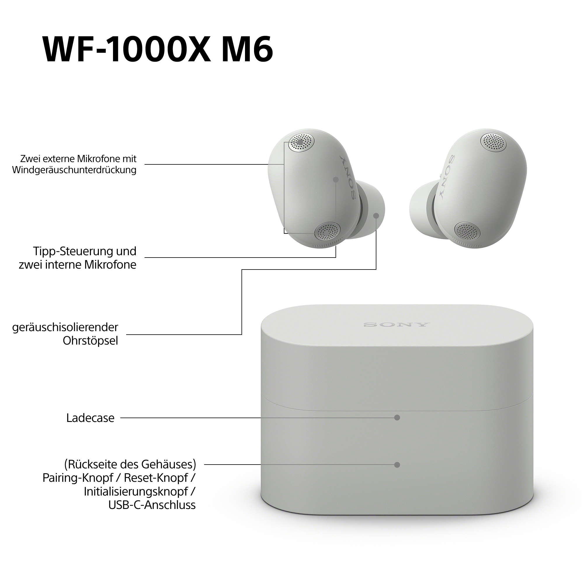 Sony WF-1000X M6 Ohrhörer und Ladecase mit Beschriftungen.