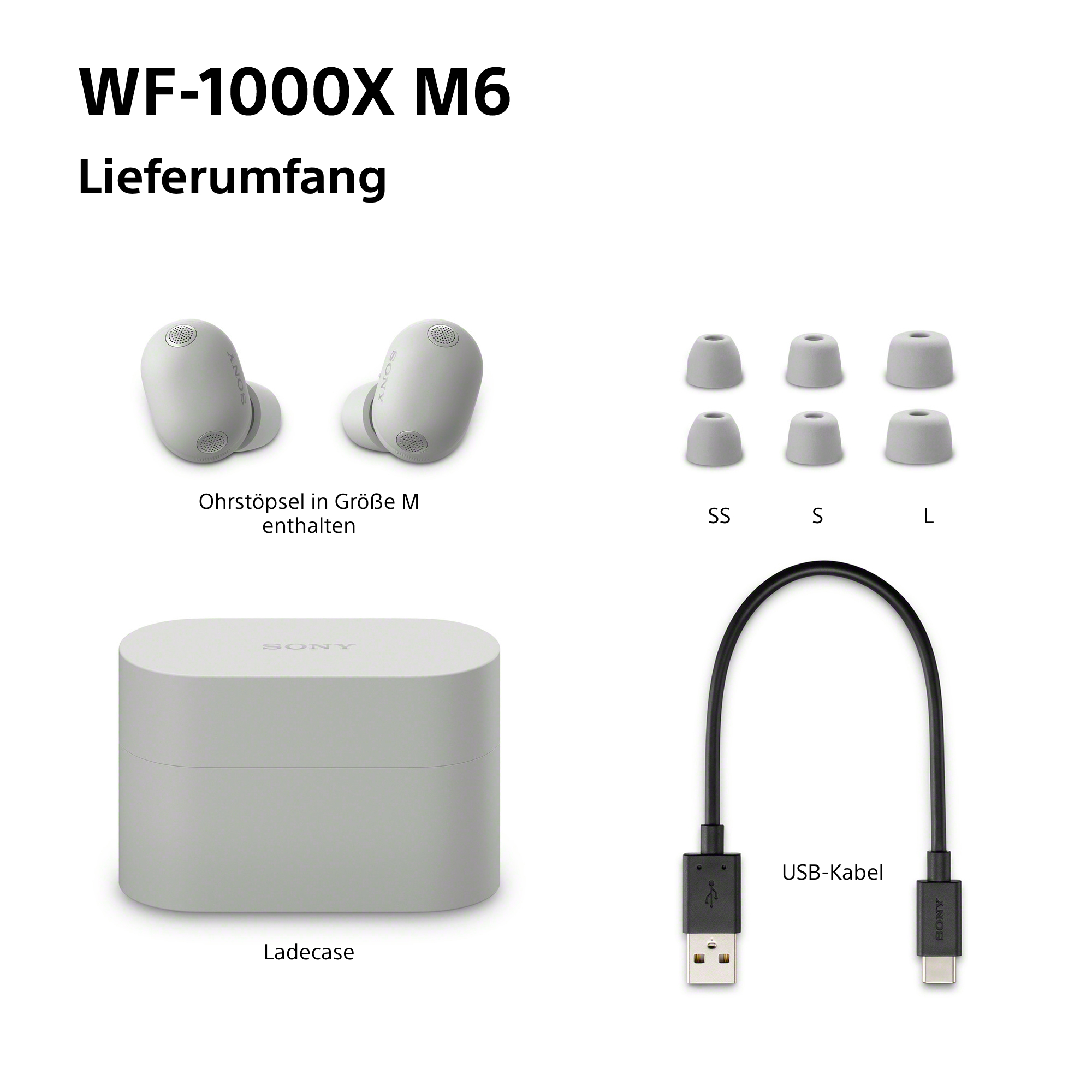 Sony WF-1000XM6: Ohrhörer, Ladecase, USB-Kabel, verschiedene Ohrstöpsel.